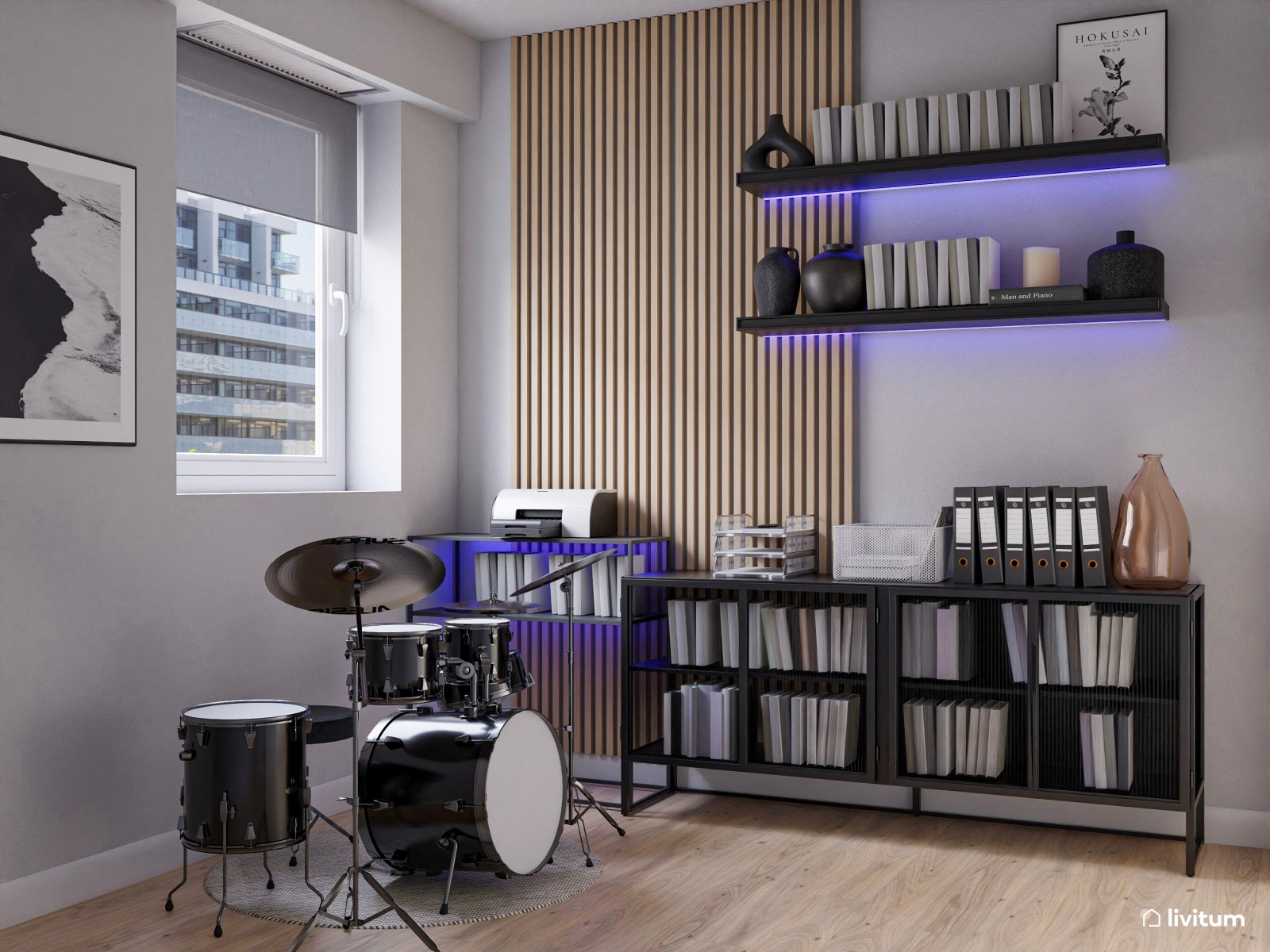  Estudio moderno con LED diseñado para trabajar, estudiar o hacer música 