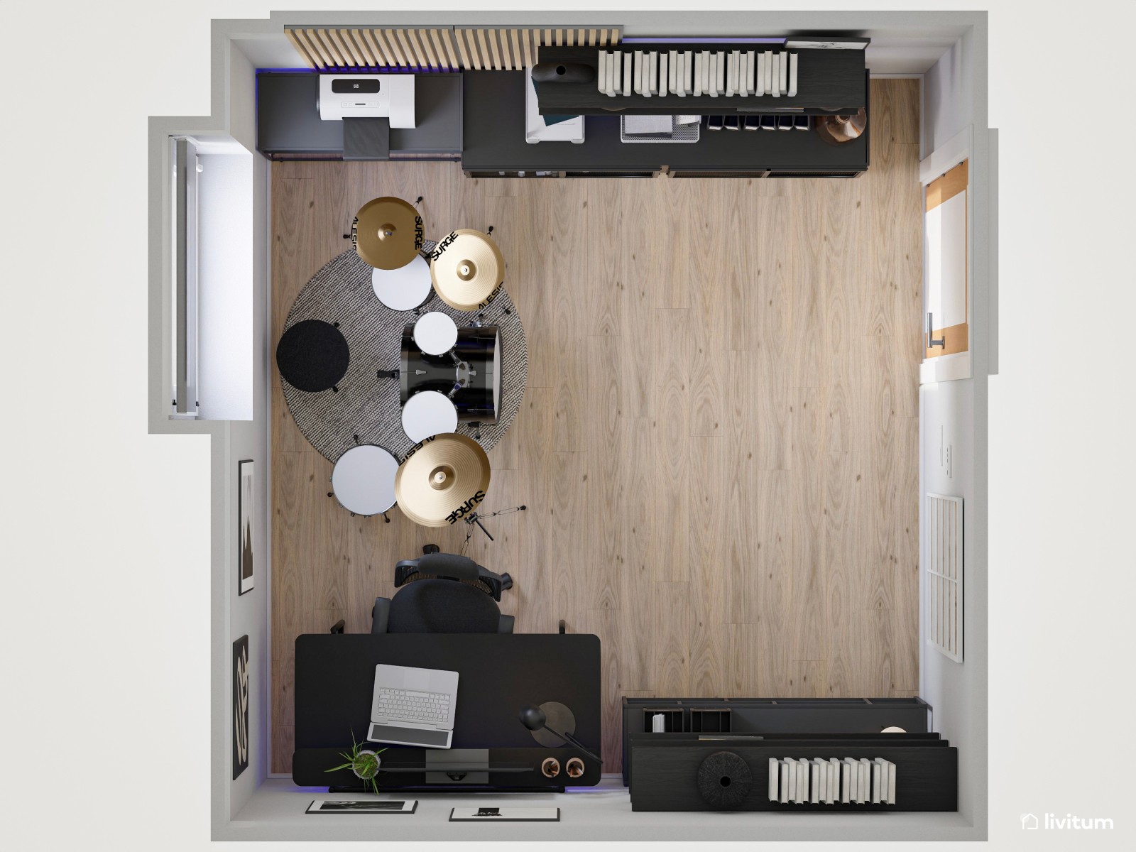  Estudio moderno con LED diseñado para trabajar, estudiar o hacer música 