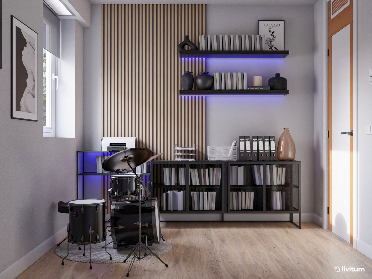 Estudio moderno con LED diseñado para trabajar, estudiar o hacer música