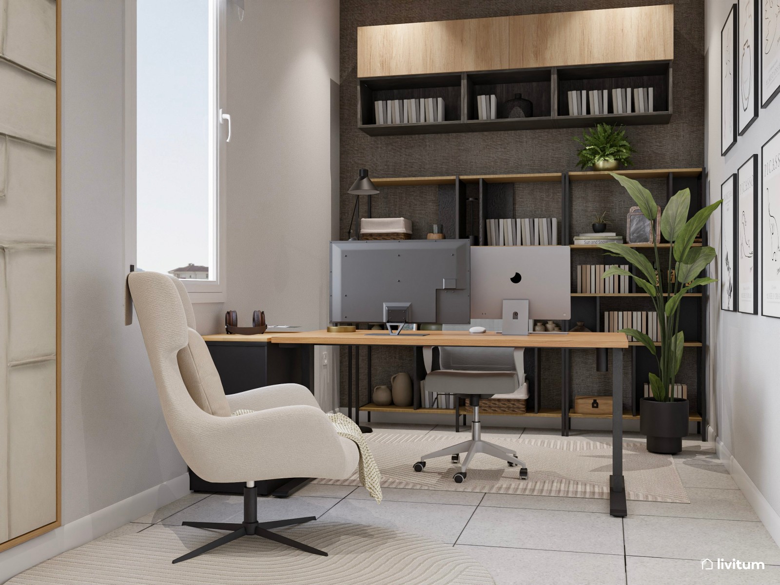 Estudio moderno con pared gris oscuro, escritorio elevable y almacenaje abierto