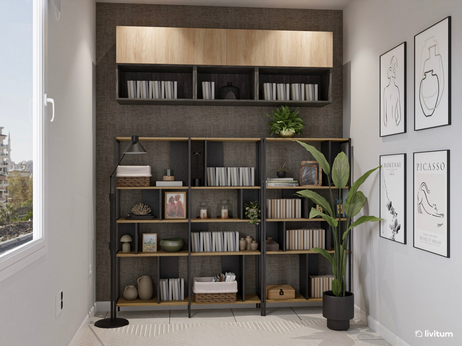 Estudio moderno con pared gris oscuro, escritorio elevable y almacenaje abierto