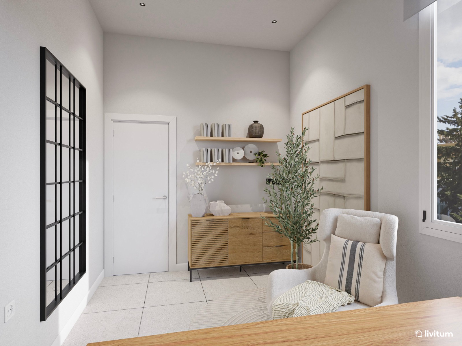 Estudio moderno con pared gris oscuro, escritorio elevable y almacenaje abierto