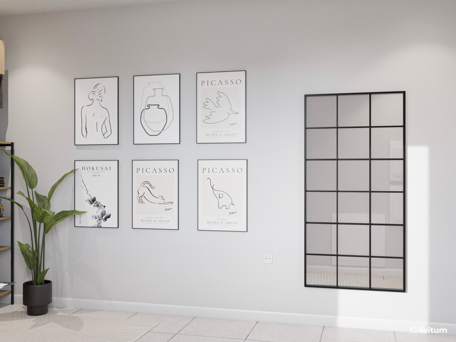 Estudio moderno con pared gris oscuro, escritorio elevable y almacenaje abierto