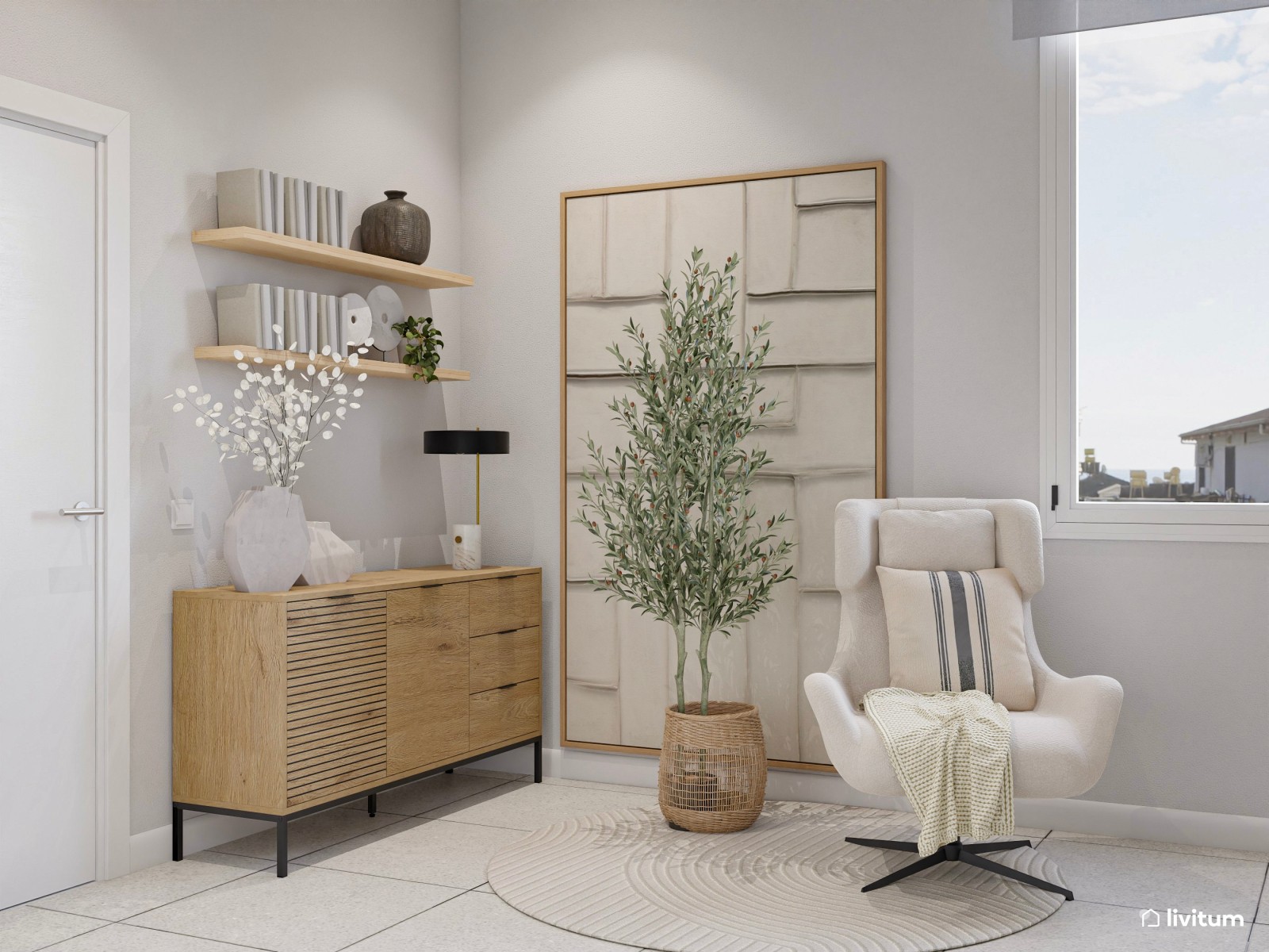 Estudio moderno con pared gris oscuro, escritorio elevable y almacenaje abierto