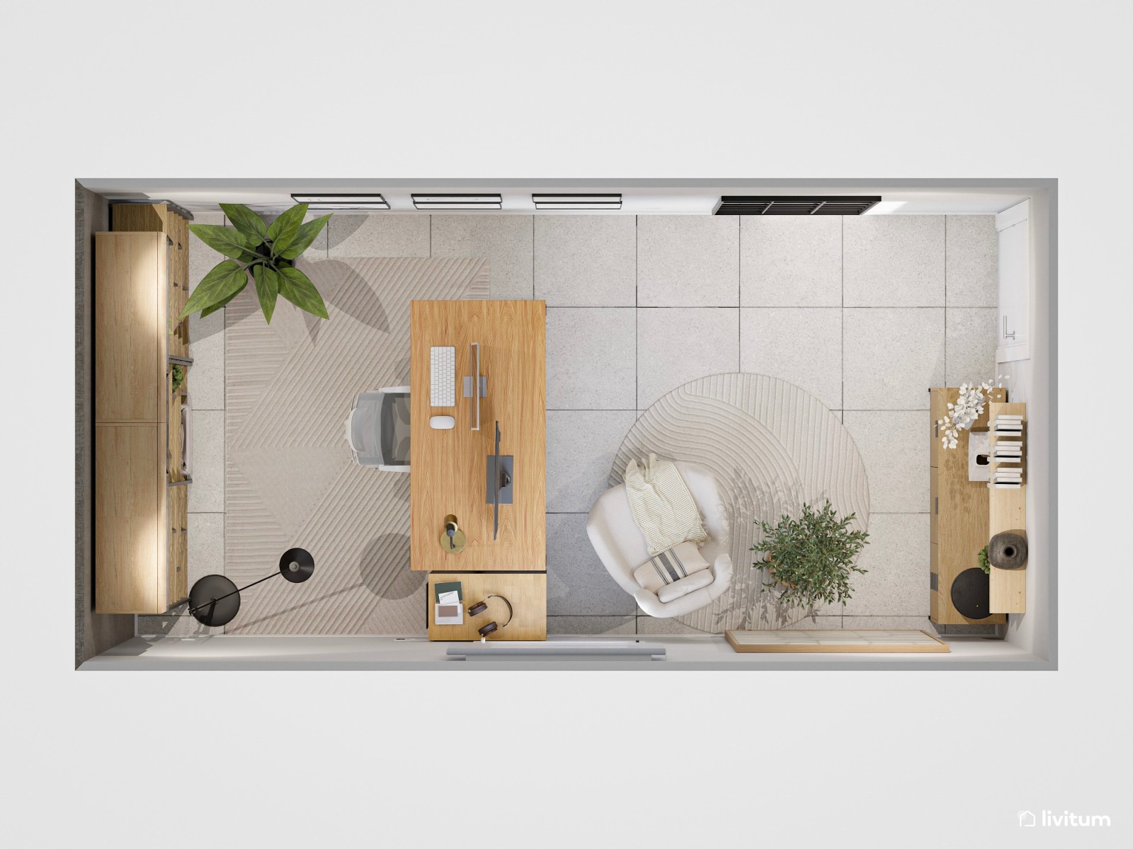 Estudio moderno con pared gris oscuro, escritorio elevable y almacenaje abierto