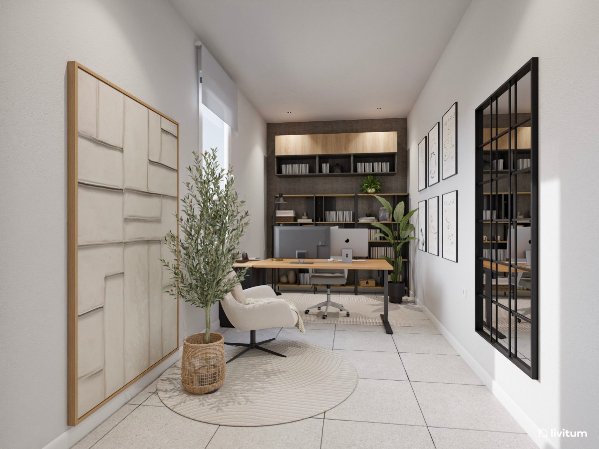 Estudio moderno con pared gris oscuro, escritorio elevable y almacenaje abierto