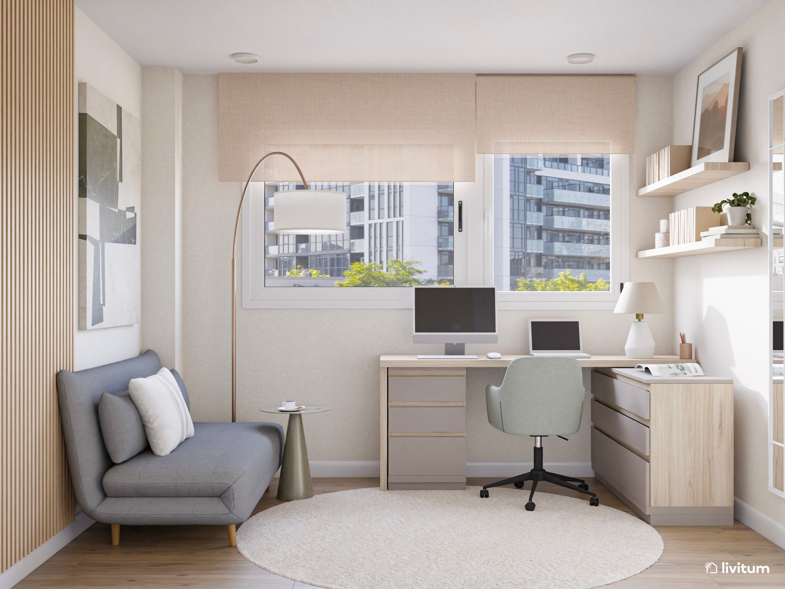 Estudio moderno con sofá cama gris y escritorio en L