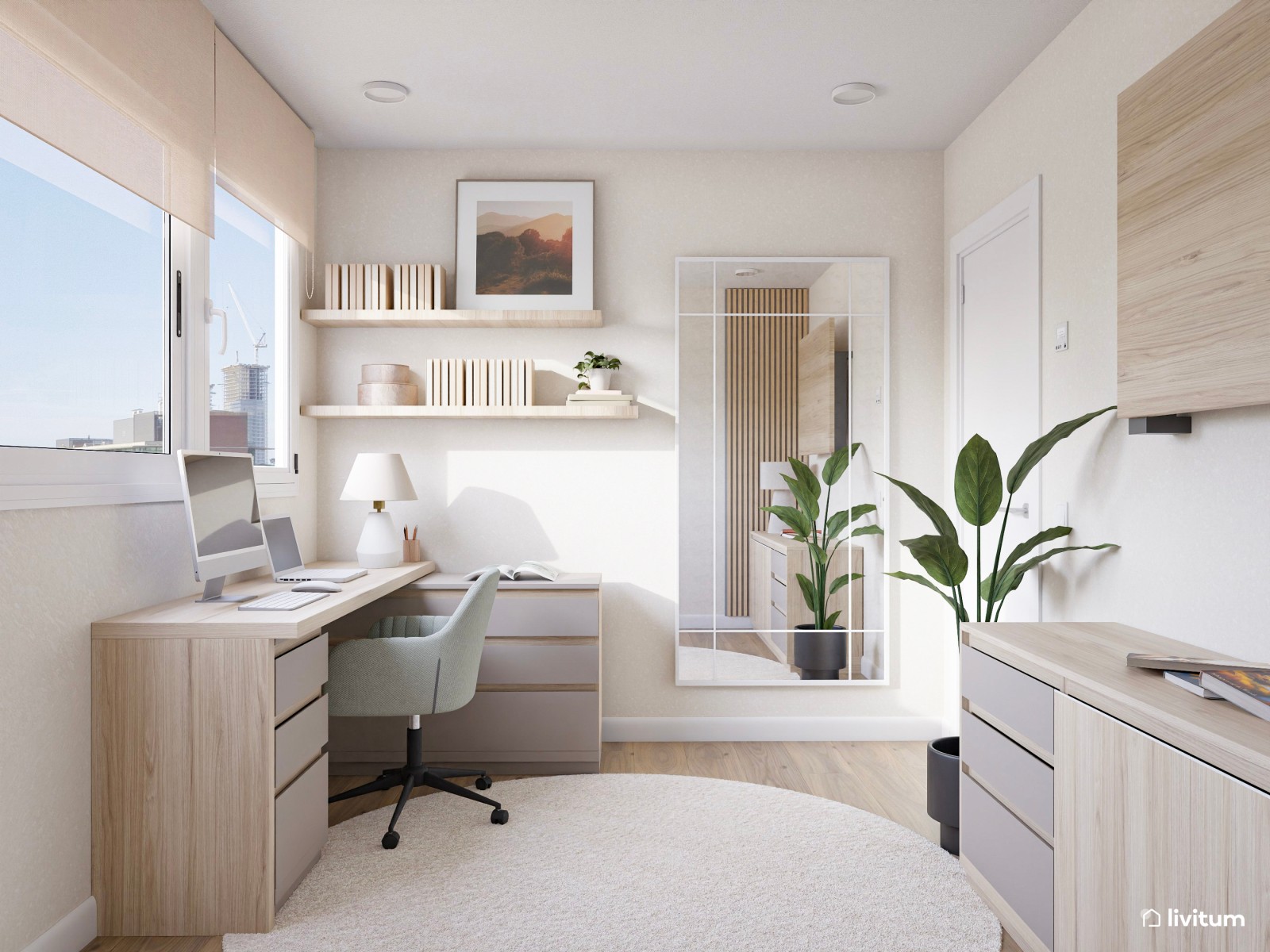 Estudio moderno con sofá cama gris y escritorio en L