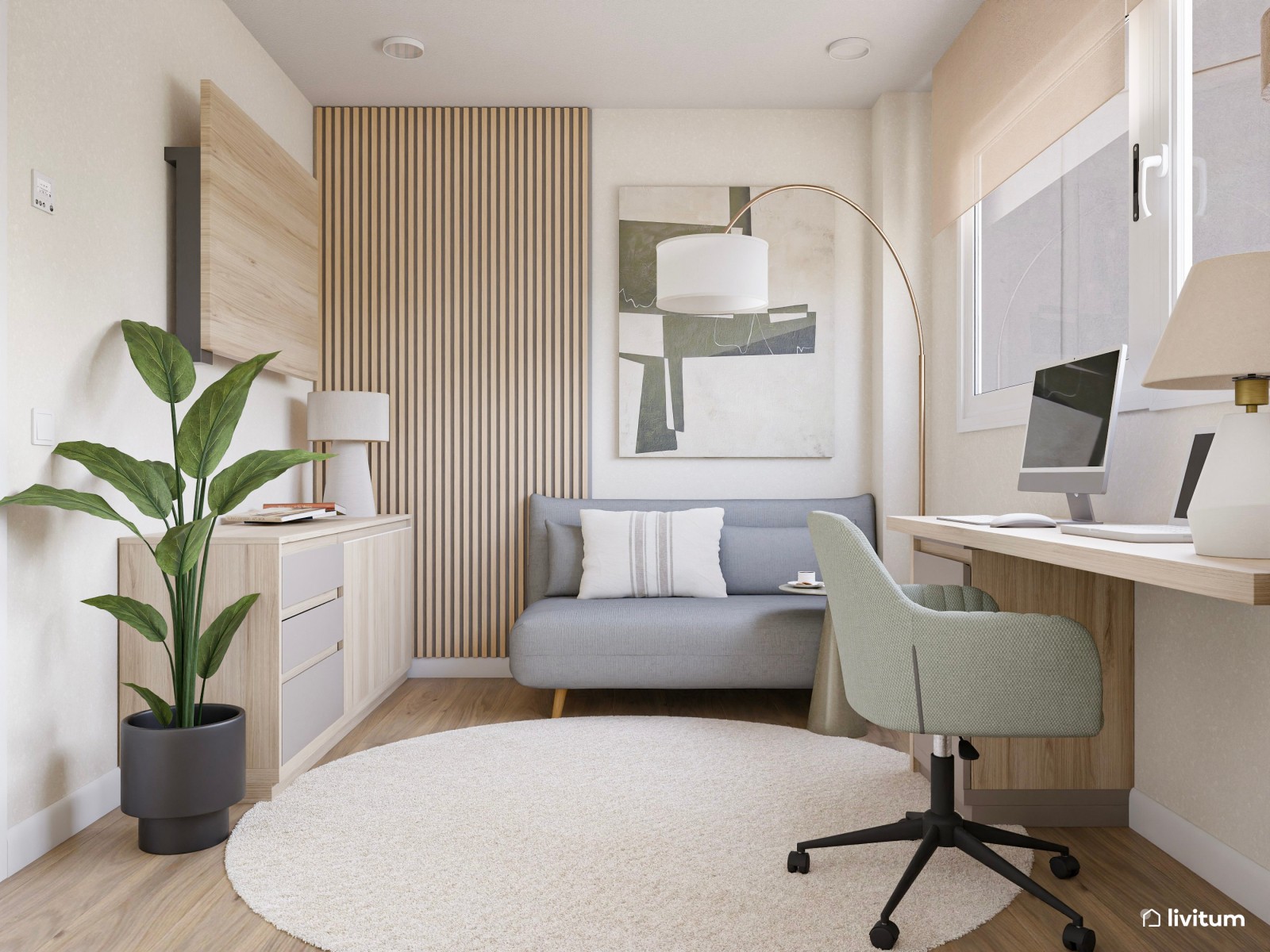 Estudio moderno con sofá cama gris y escritorio en L