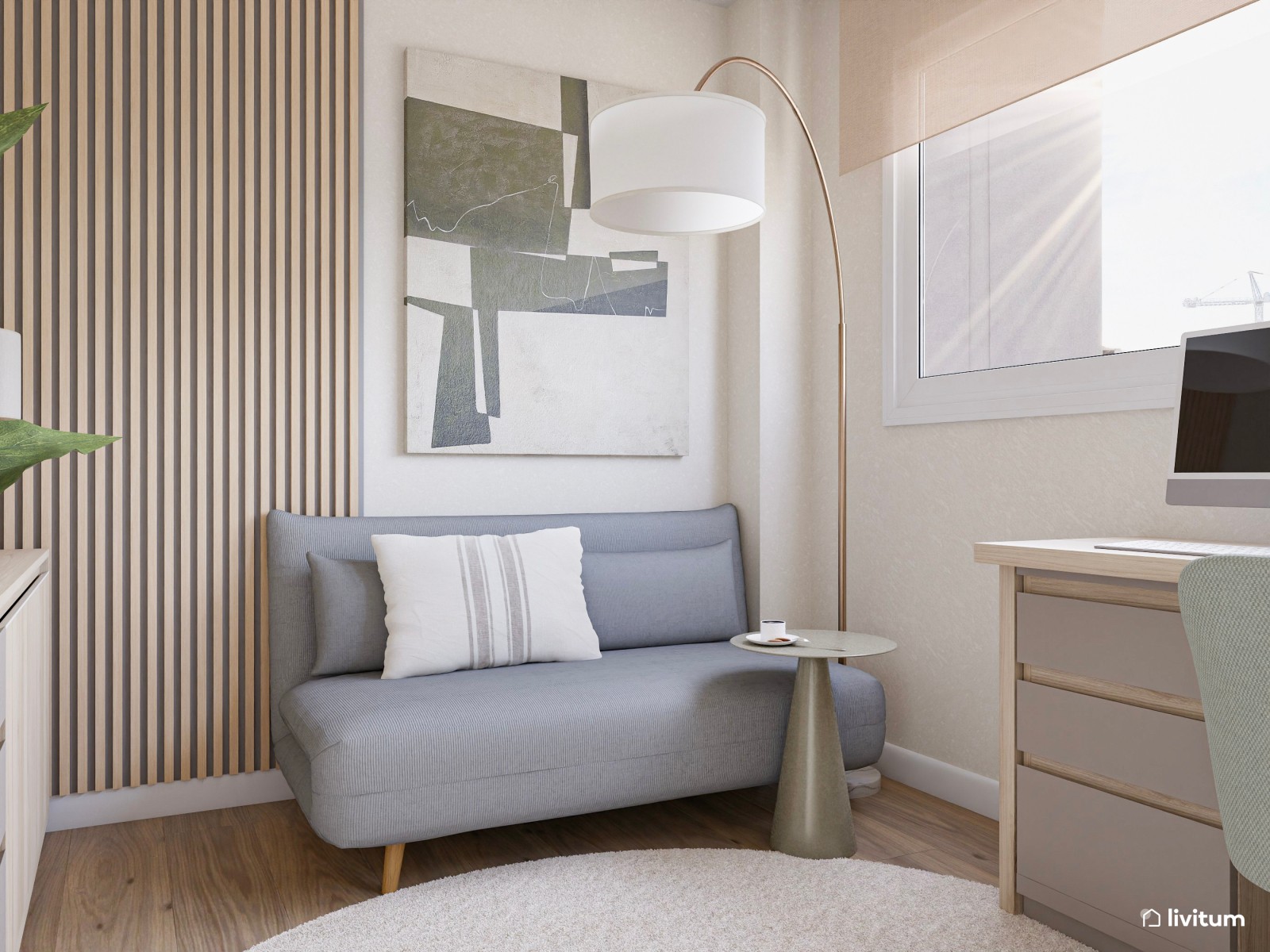 Estudio moderno con sofá cama gris y escritorio en L