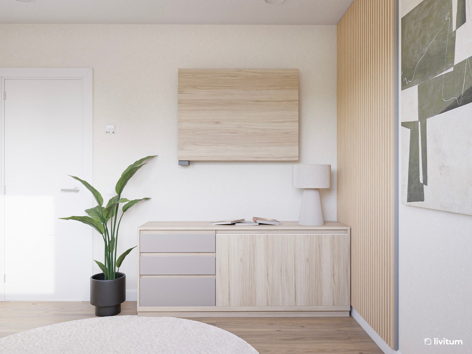 Estudio moderno con sofá cama gris y escritorio en L