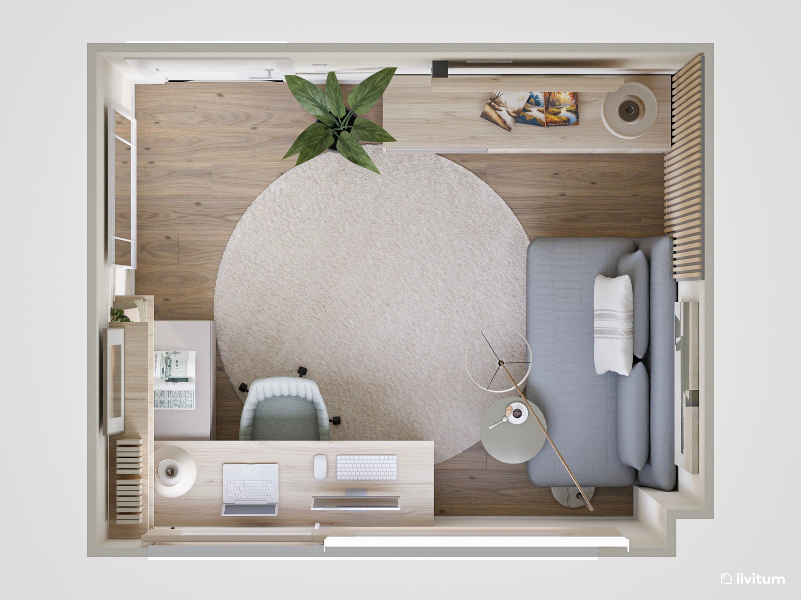 Estudio moderno con sofá cama gris y escritorio en L