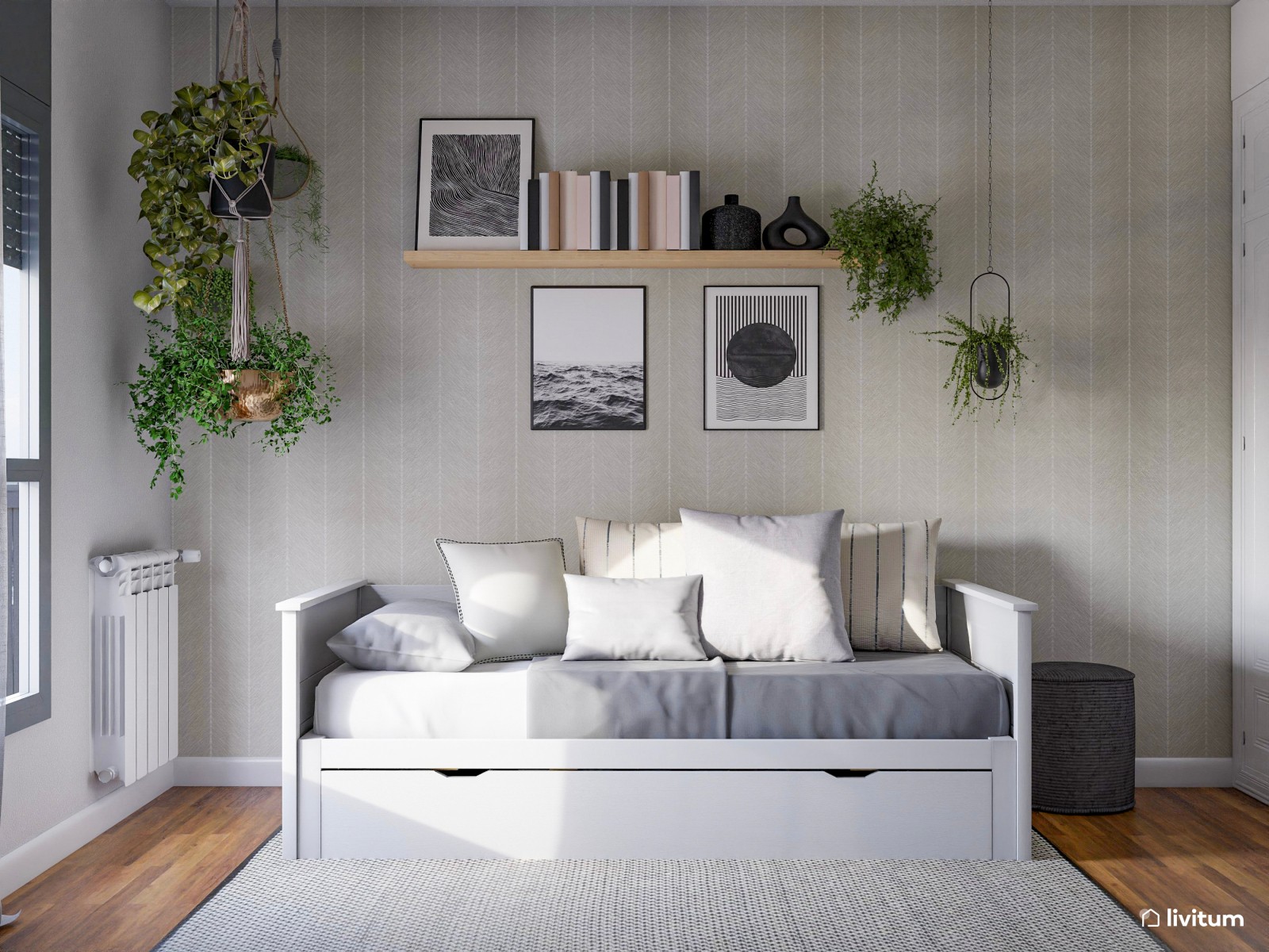 Estudio moderno con toques vegetales y dormitorio incorporado