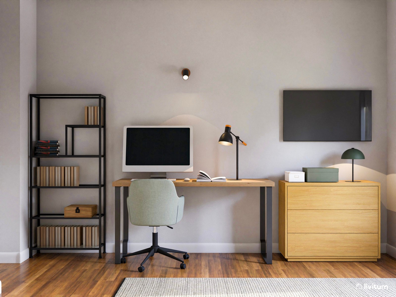 Estudio moderno con toques vegetales y dormitorio incorporado
