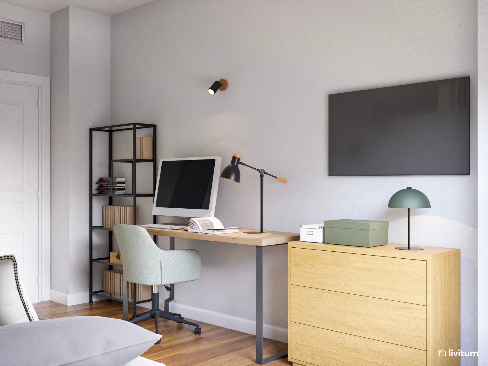 Estudio moderno con toques vegetales y dormitorio incorporado