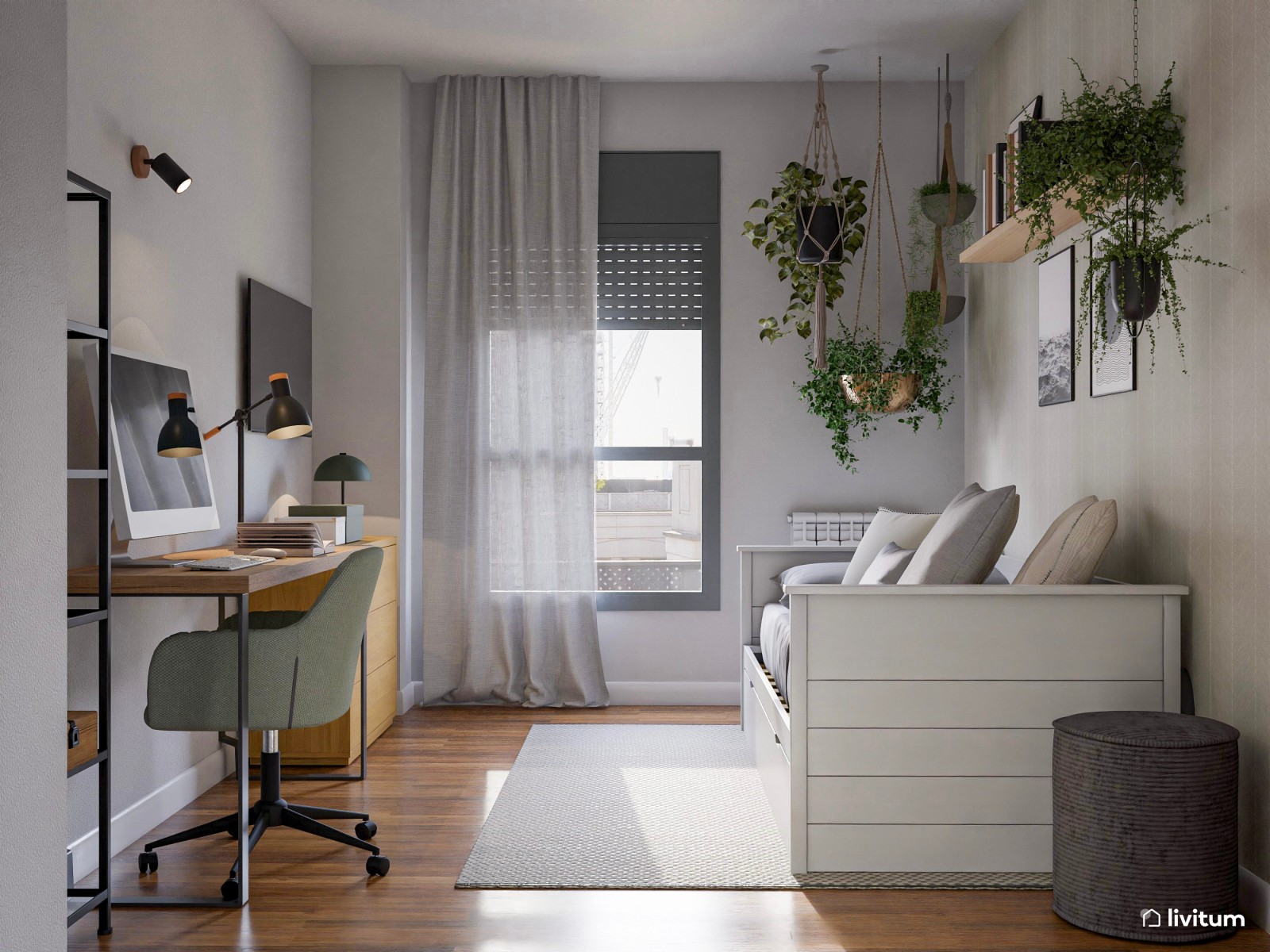 Estudio moderno con toques vegetales y dormitorio incorporado
