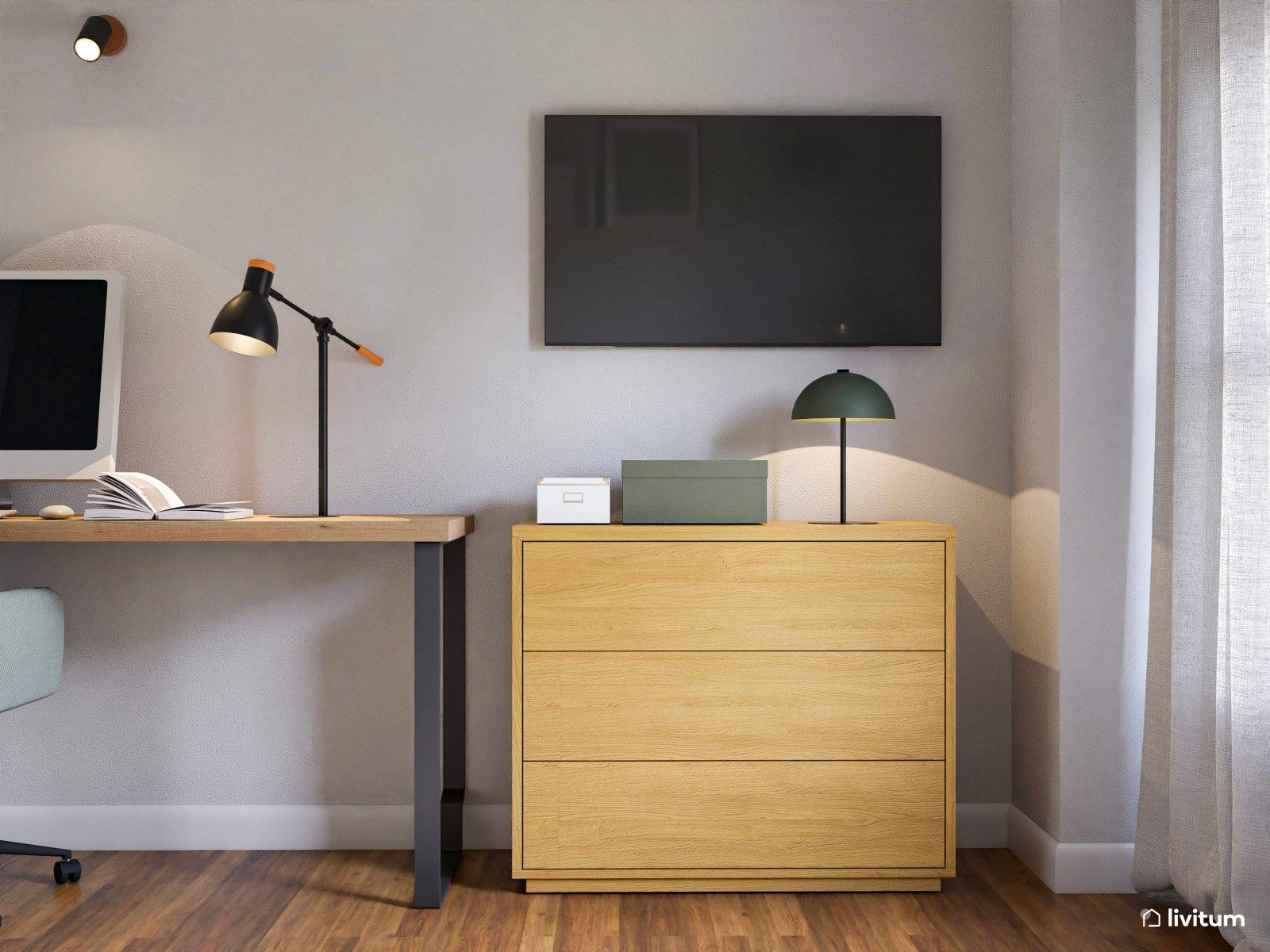 Estudio moderno con toques vegetales y dormitorio incorporado
