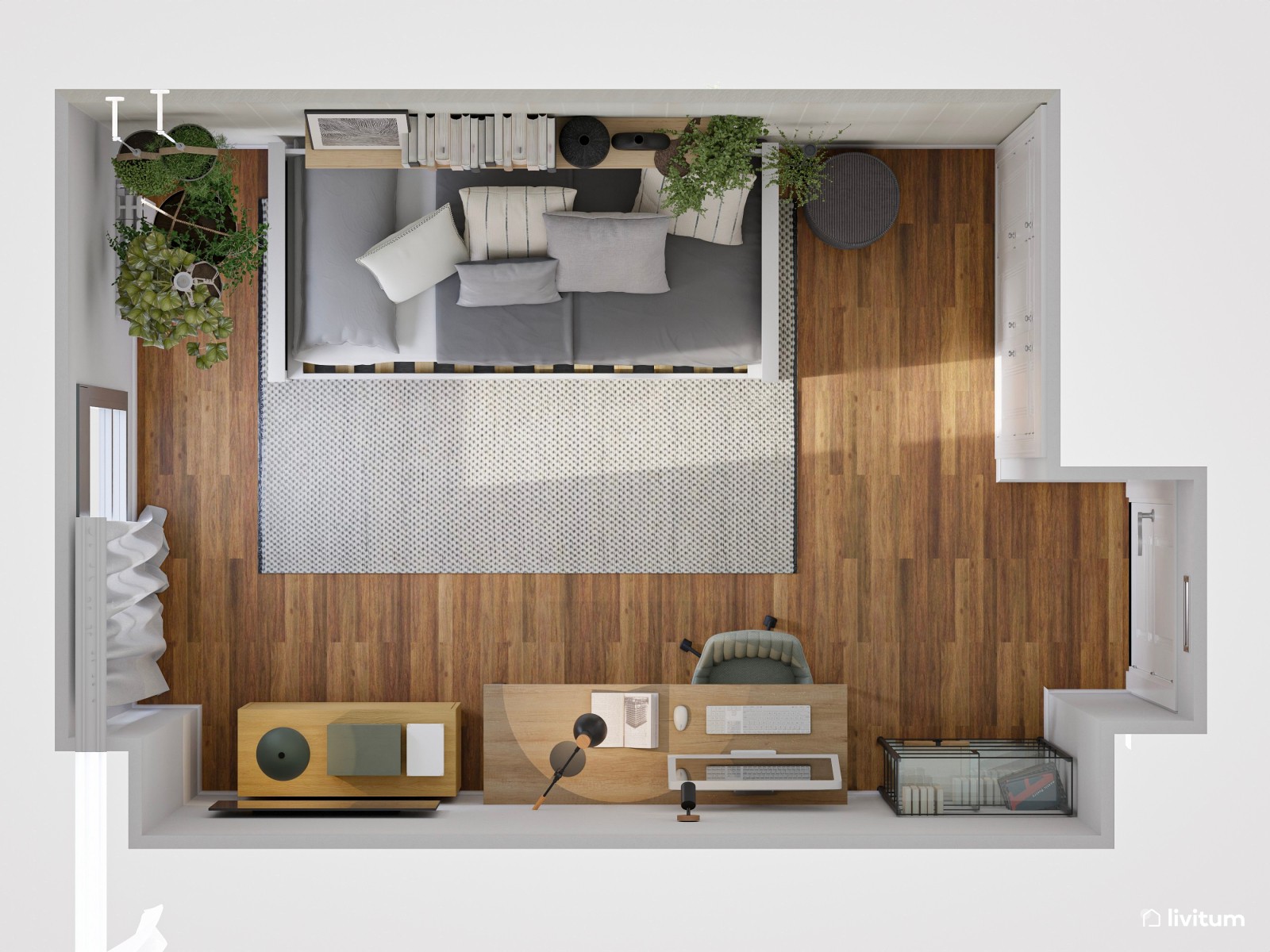 Estudio moderno con toques vegetales y dormitorio incorporado