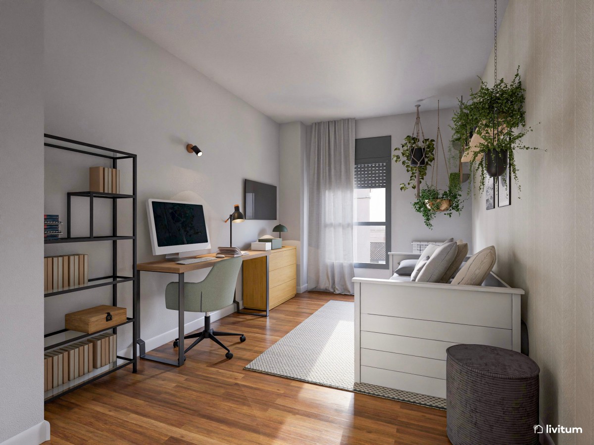 Estudio moderno con toques vegetales y dormitorio incorporado