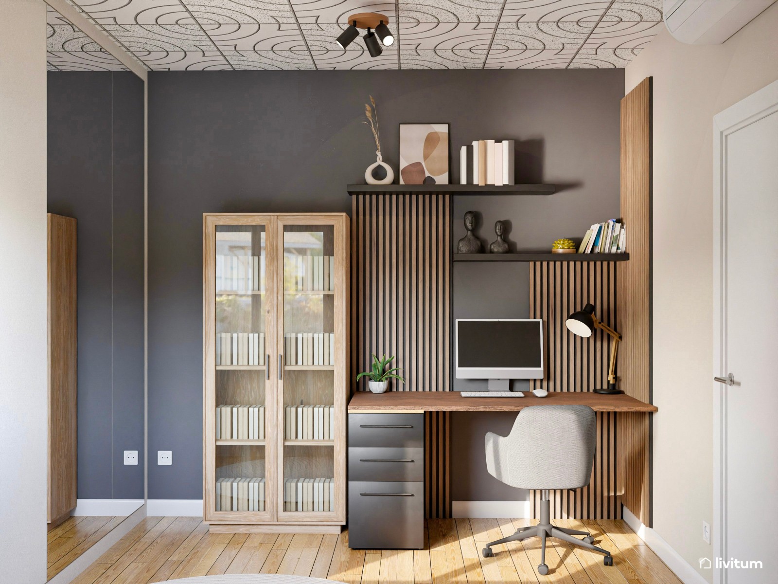 Estudio moderno en madera, blanco y gris oscuro