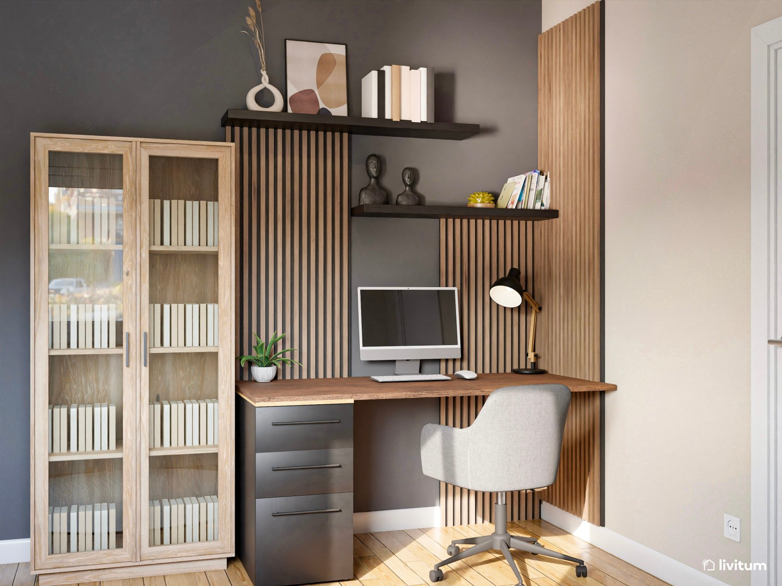 Estudio moderno en madera, blanco y gris oscuro