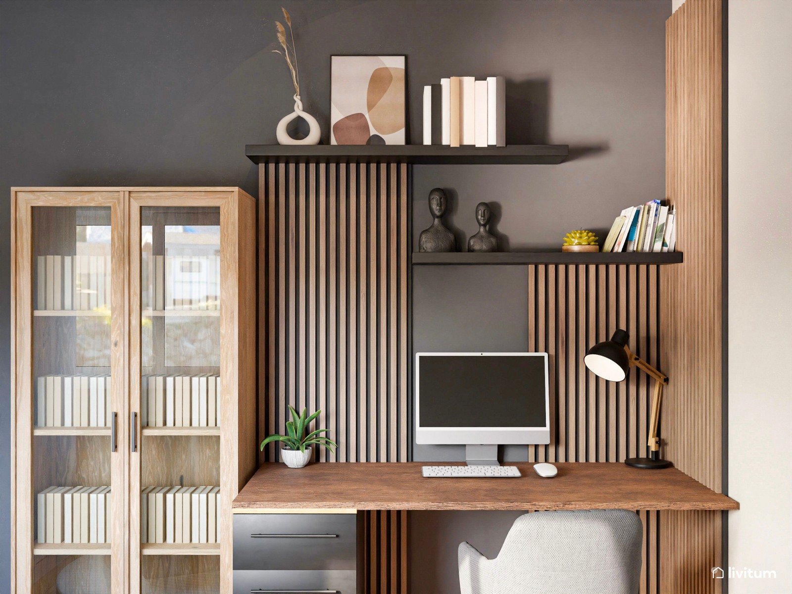 Estudio moderno en madera, blanco y gris oscuro