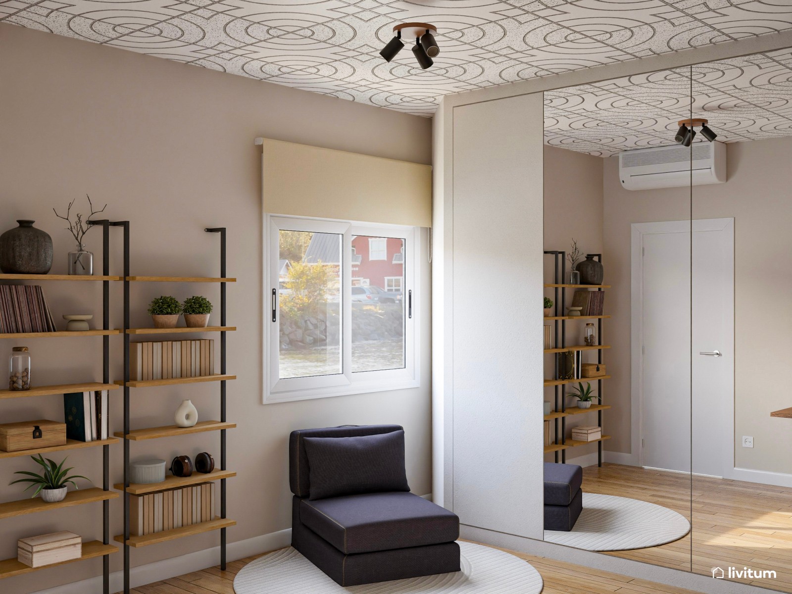 Estudio moderno en madera, blanco y gris oscuro