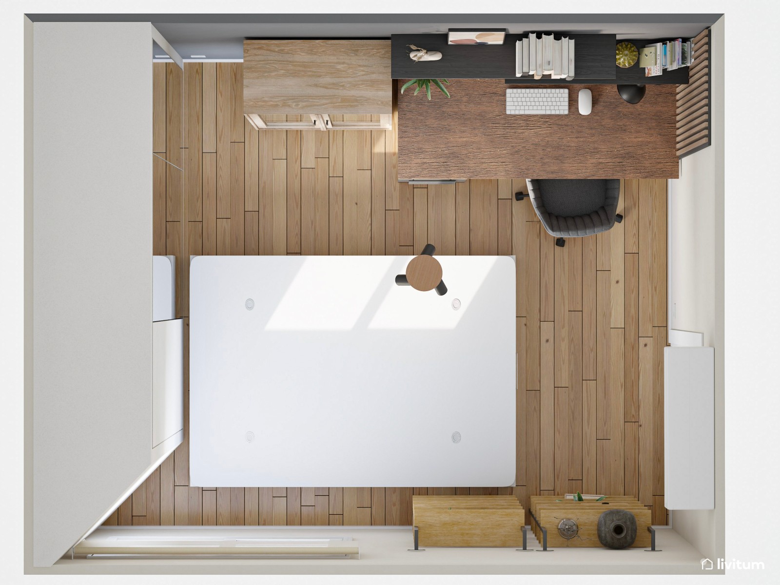 Estudio moderno en madera, blanco y gris oscuro