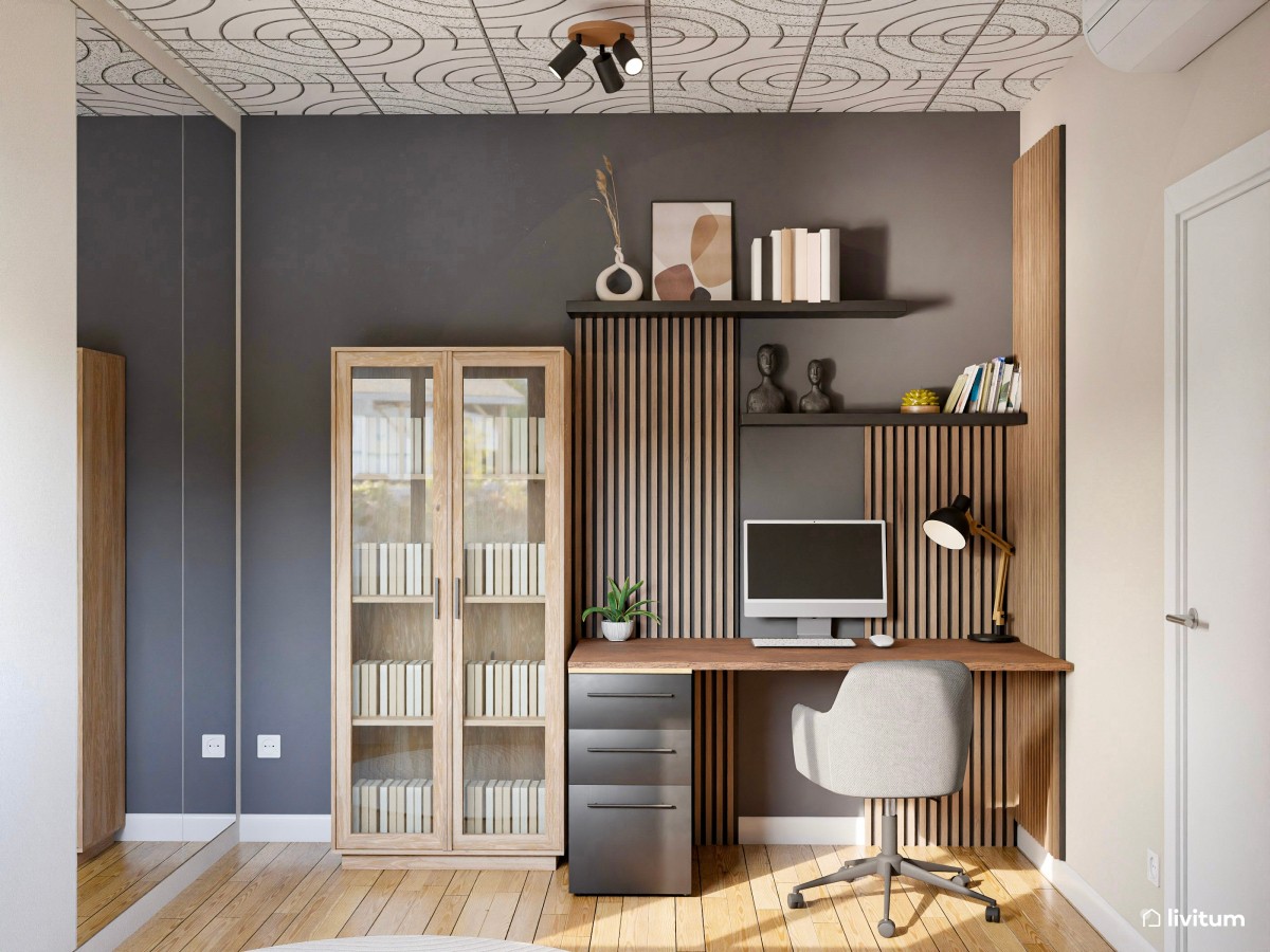 Estudio moderno en madera, blanco y gris oscuro