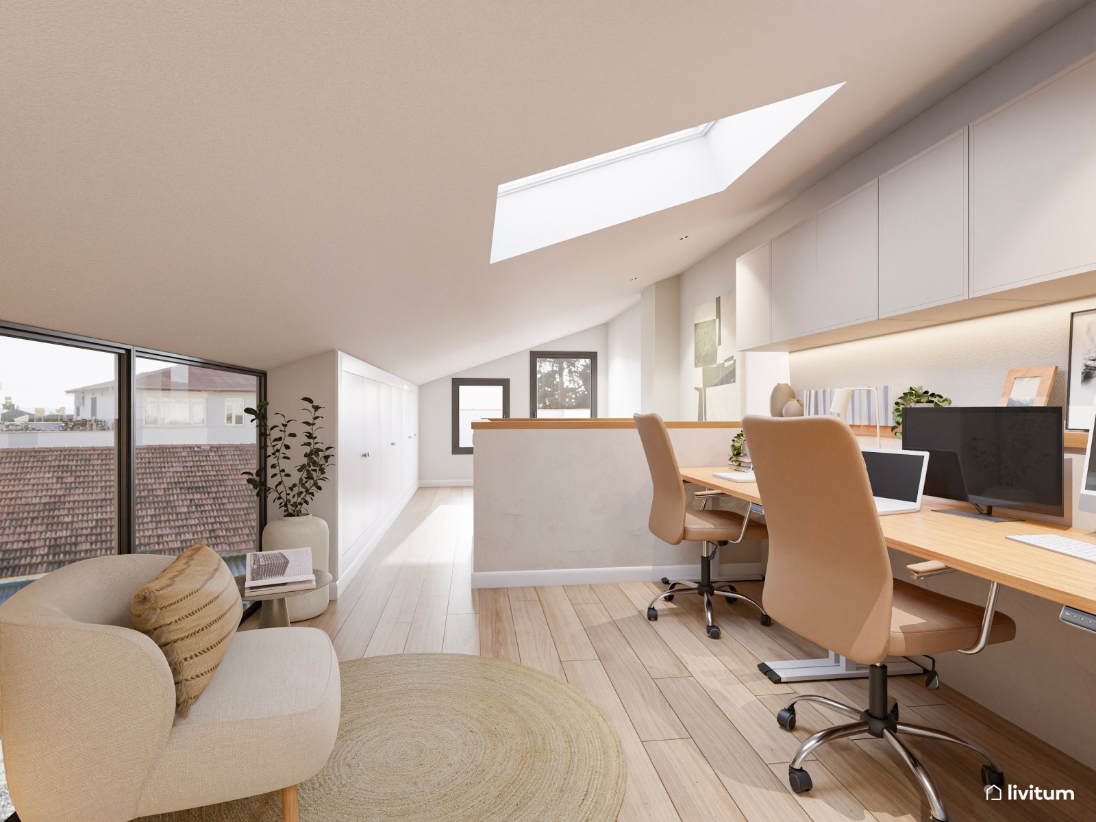 Estudio moderno en tonos cálidos con dos escritorios elevables