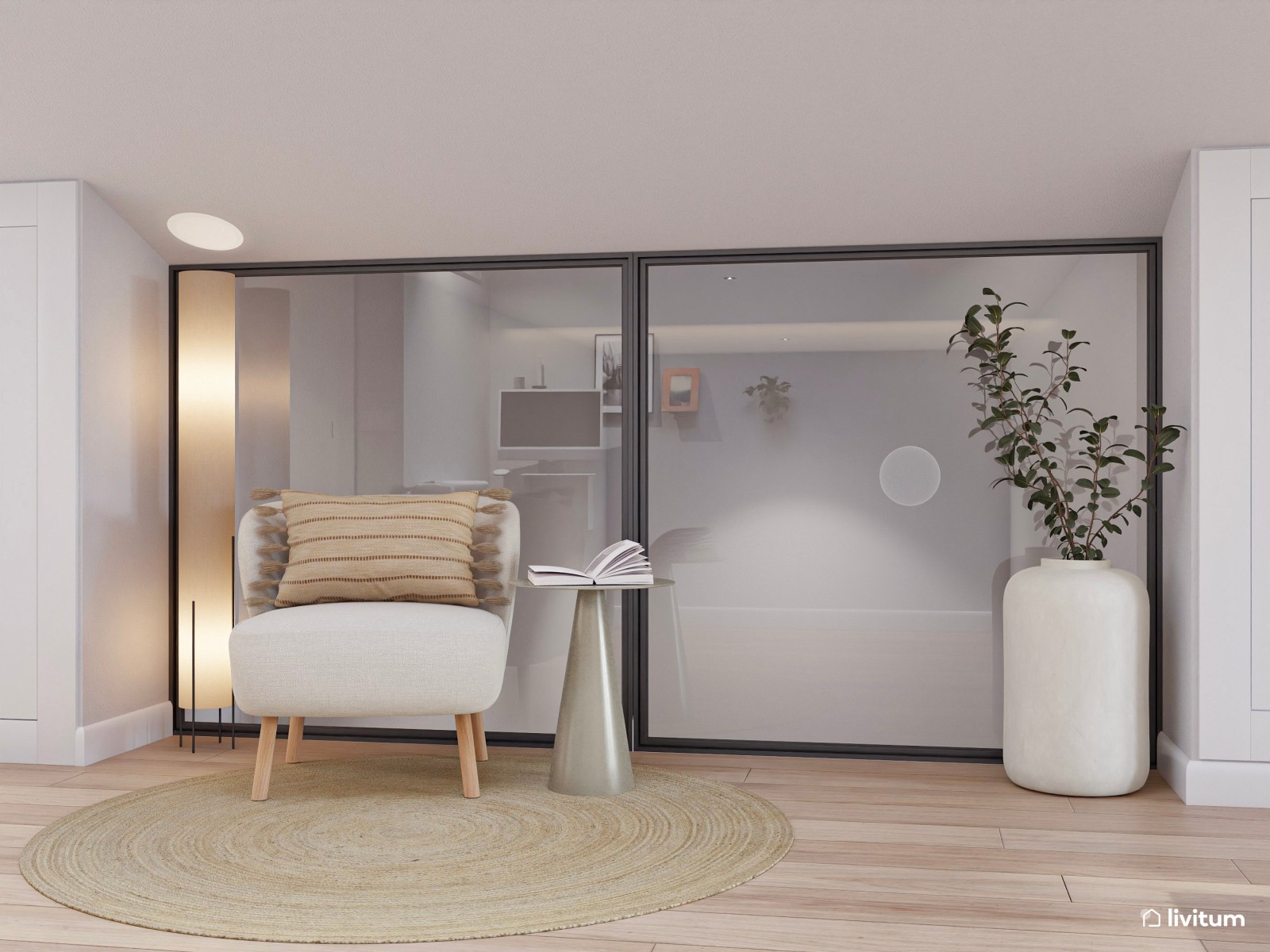 Estudio moderno en tonos cálidos con dos escritorios elevables