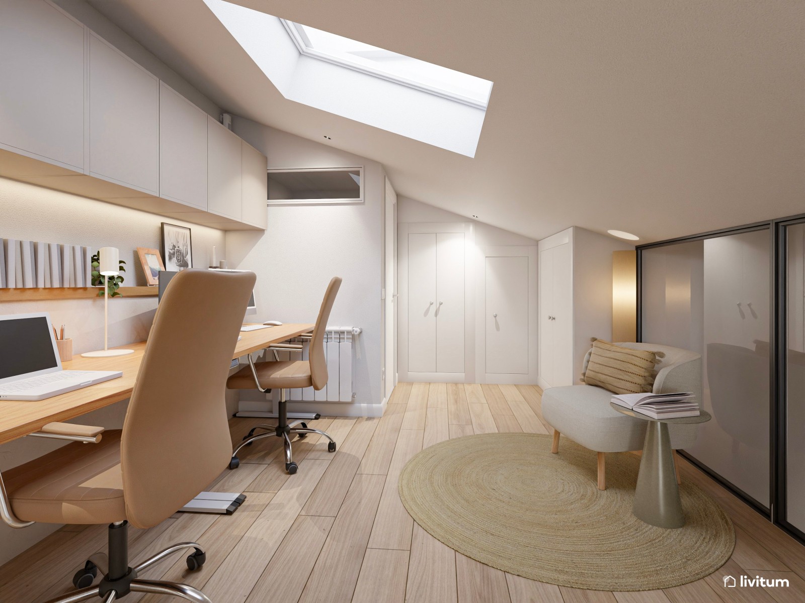 Estudio moderno en tonos cálidos con dos escritorios elevables