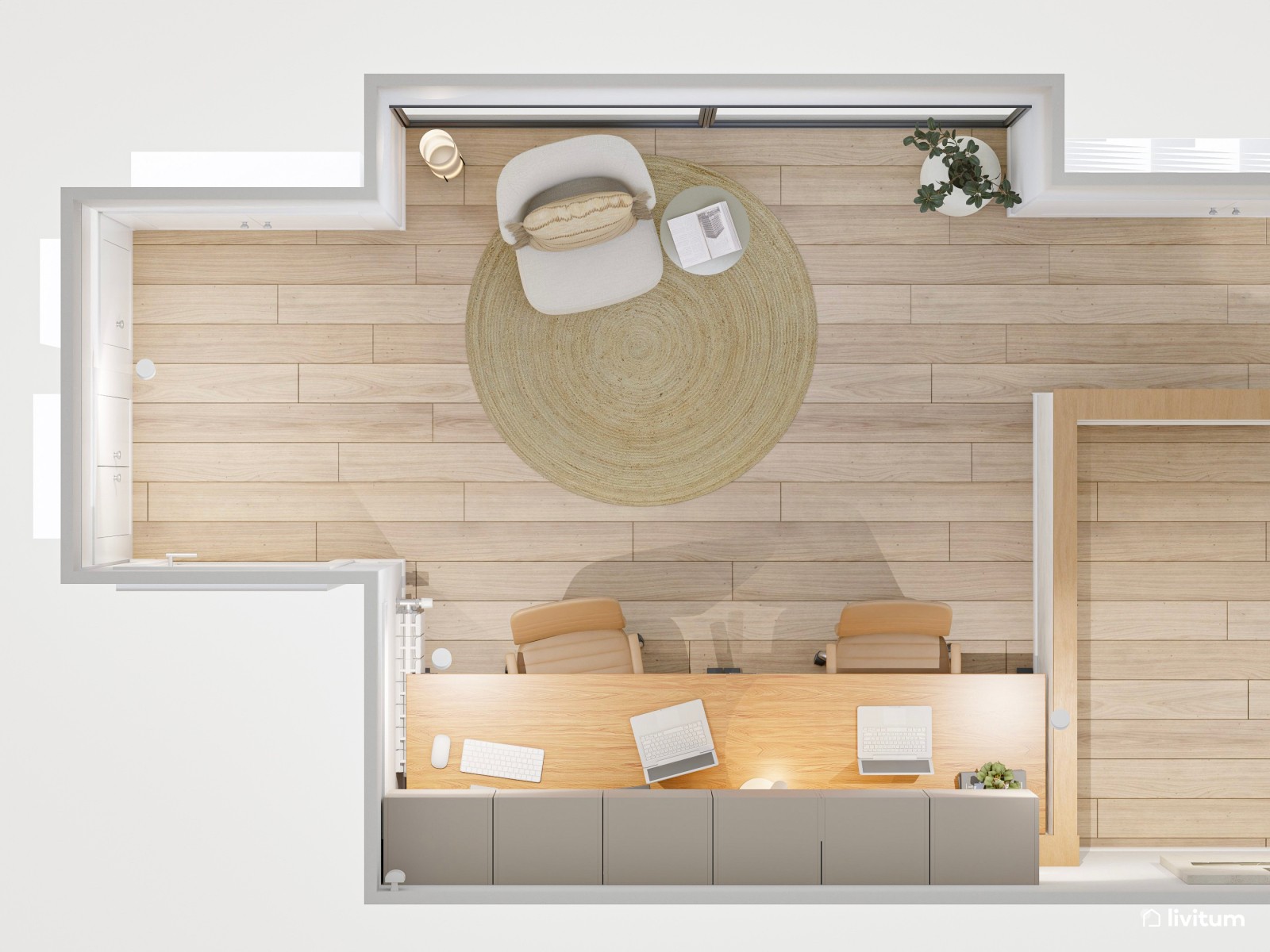 Estudio moderno en tonos cálidos con dos escritorios elevables