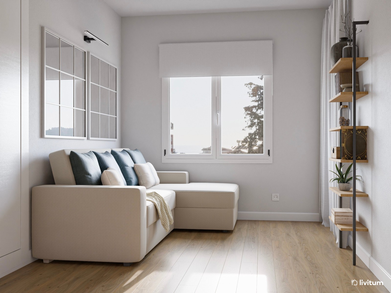 Estudio moderno en tonos claros con sofá cama y zona de trabajo