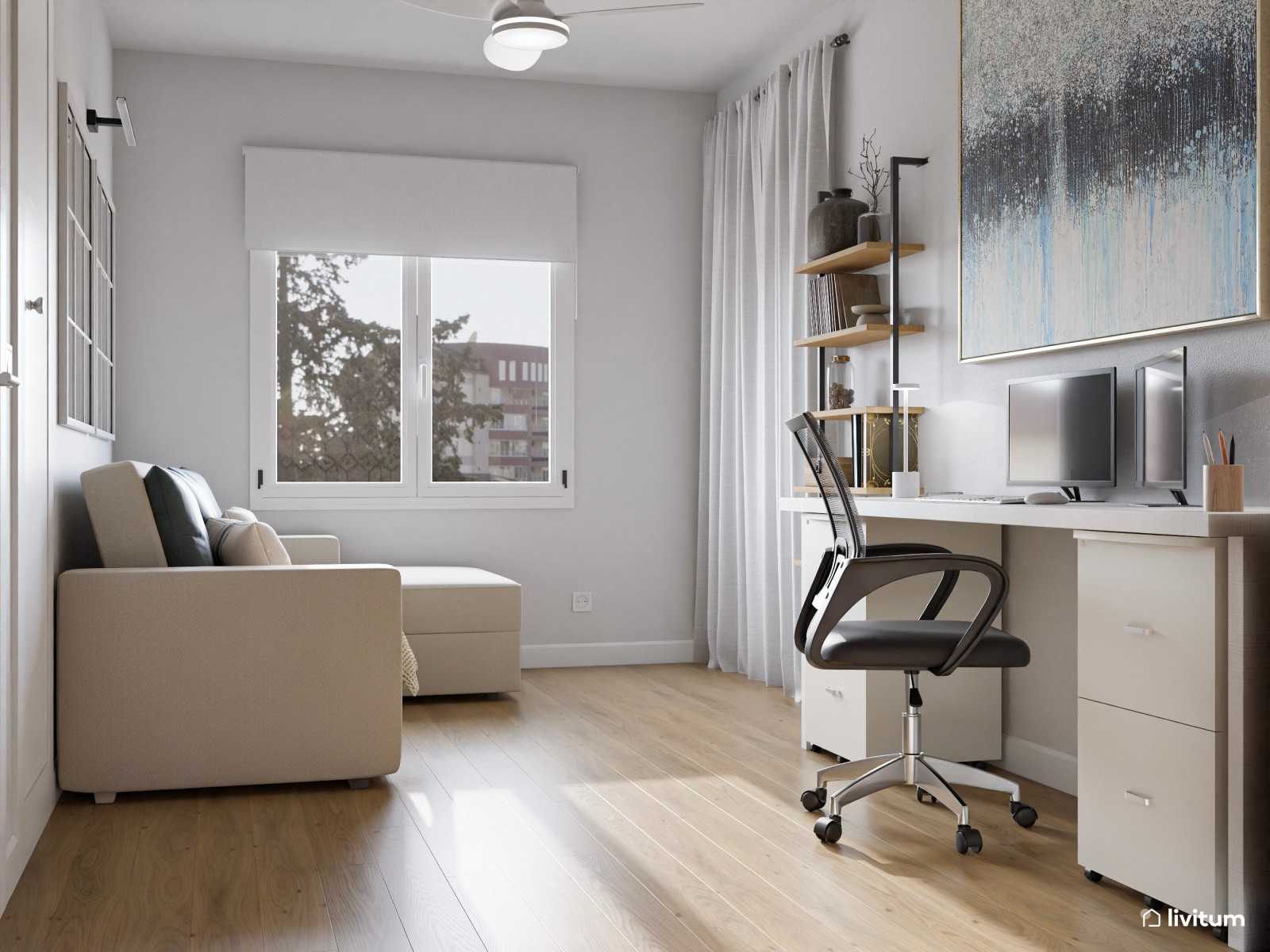 Estudio moderno en tonos claros con sofá cama y zona de trabajo