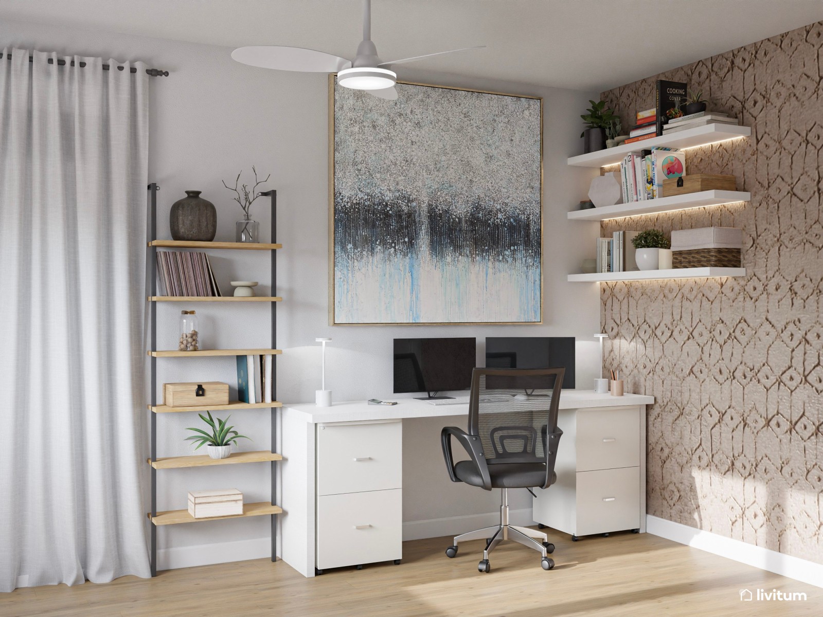 Estudio moderno en tonos claros con sofá cama y zona de trabajo