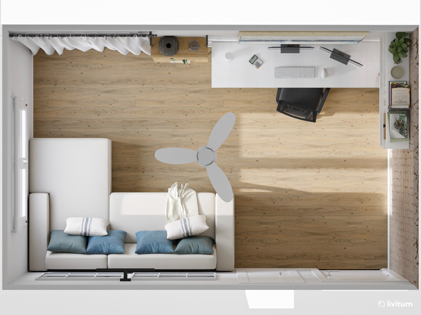 Estudio moderno en tonos claros con sofá cama y zona de trabajo