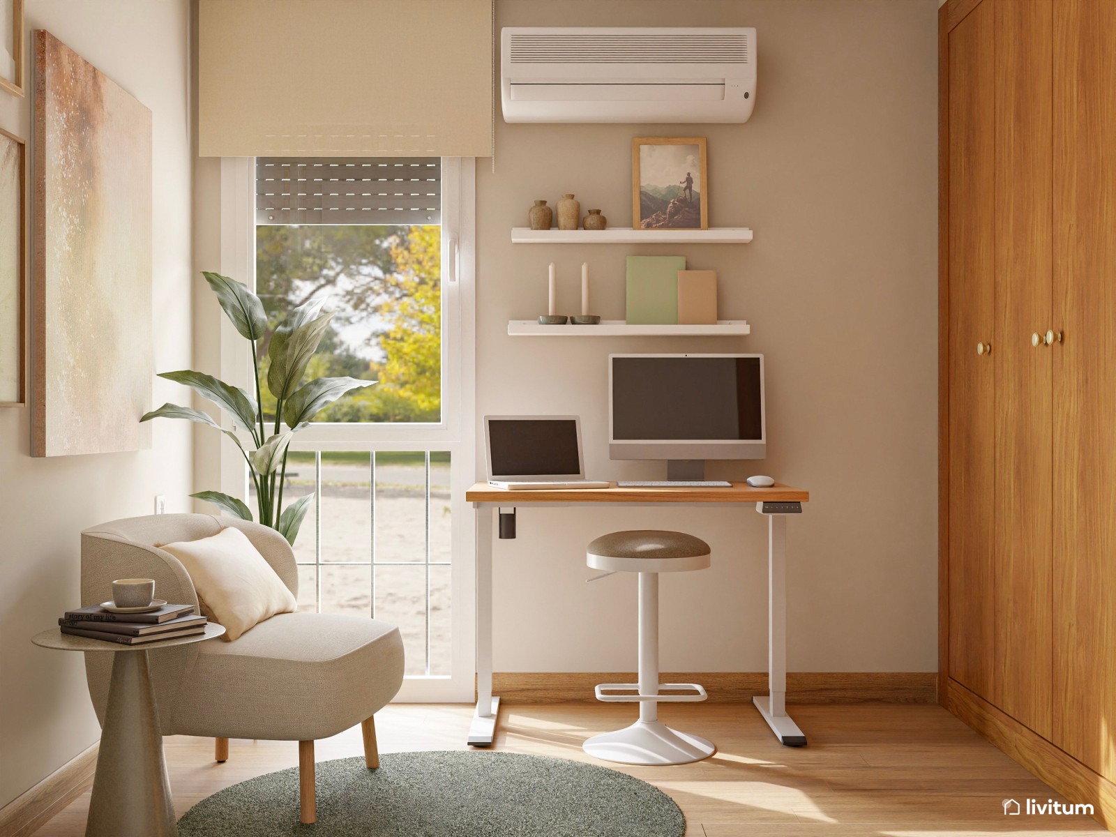 Estudio multifuncional con cama abatible y rincón de lectura