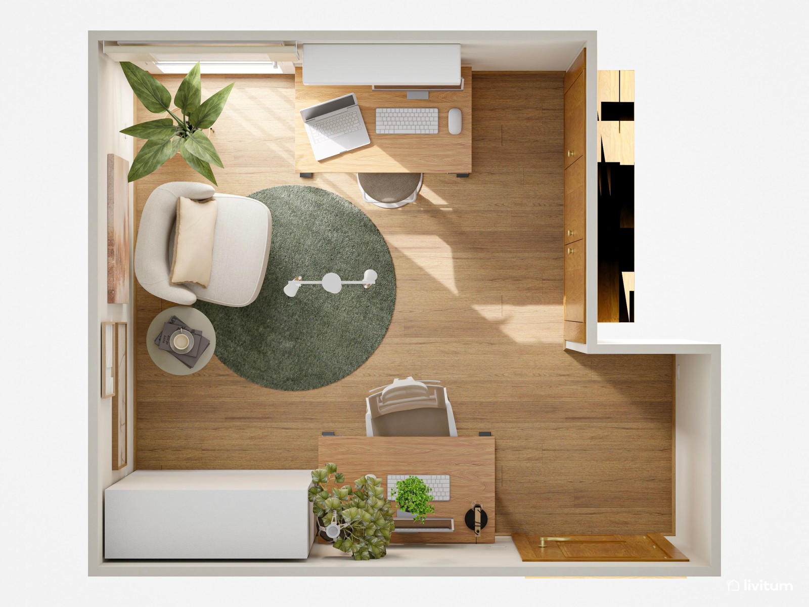 Estudio multifuncional con cama abatible y rincón de lectura