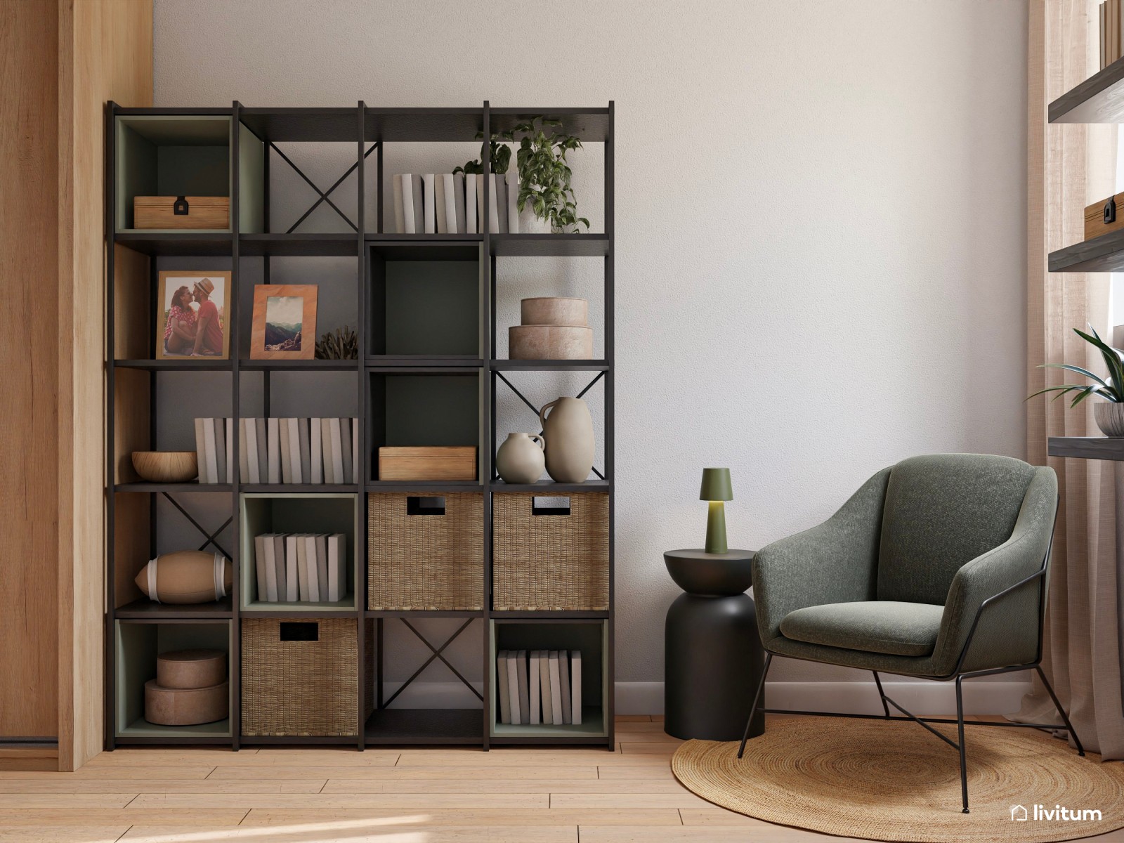 Estudio nórdico con guiños mid-century y rincón de lectura