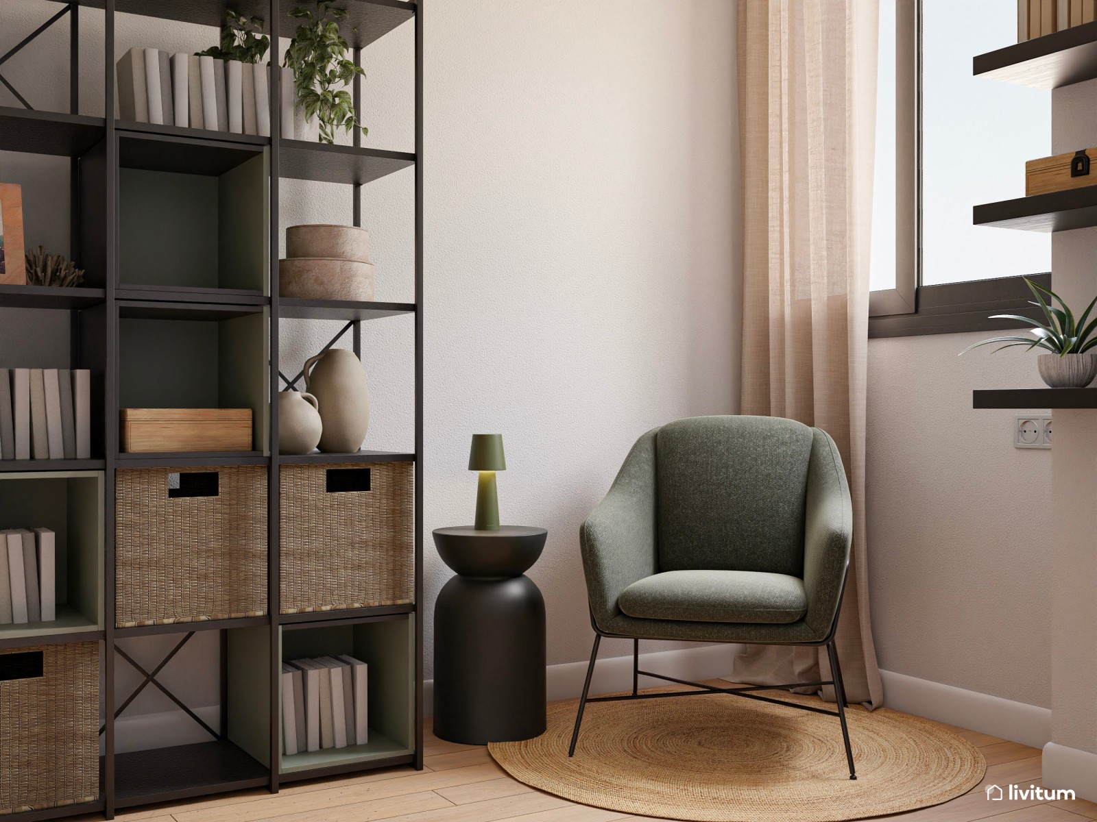 Estudio nórdico con guiños mid-century y rincón de lectura