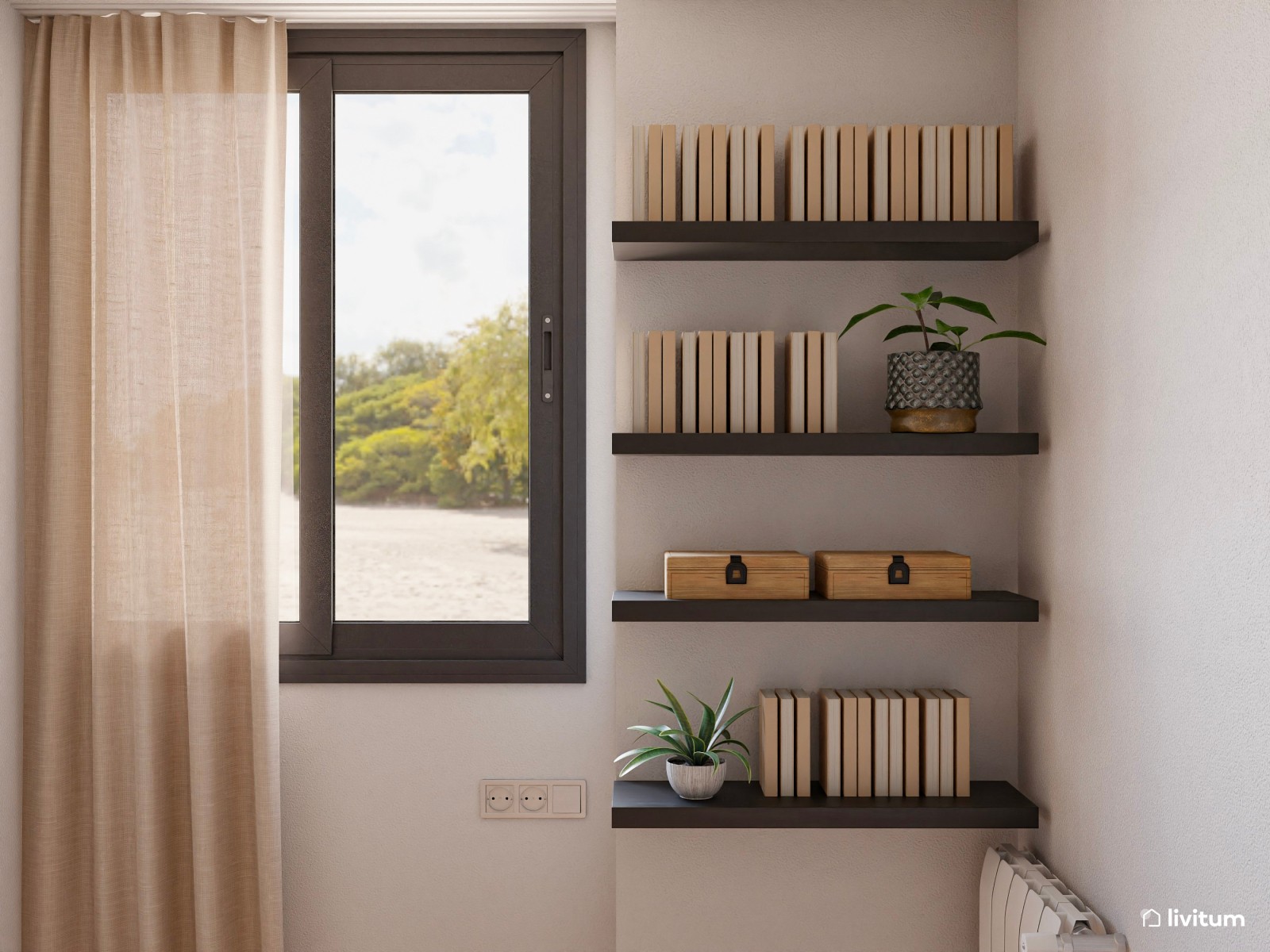 Estudio nórdico con guiños mid-century y rincón de lectura