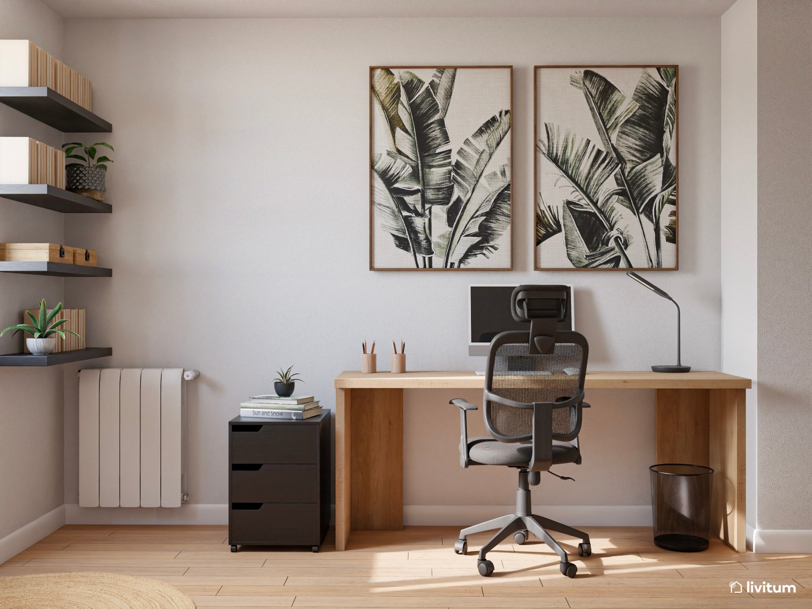 Estudio nórdico con guiños mid-century y rincón de lectura