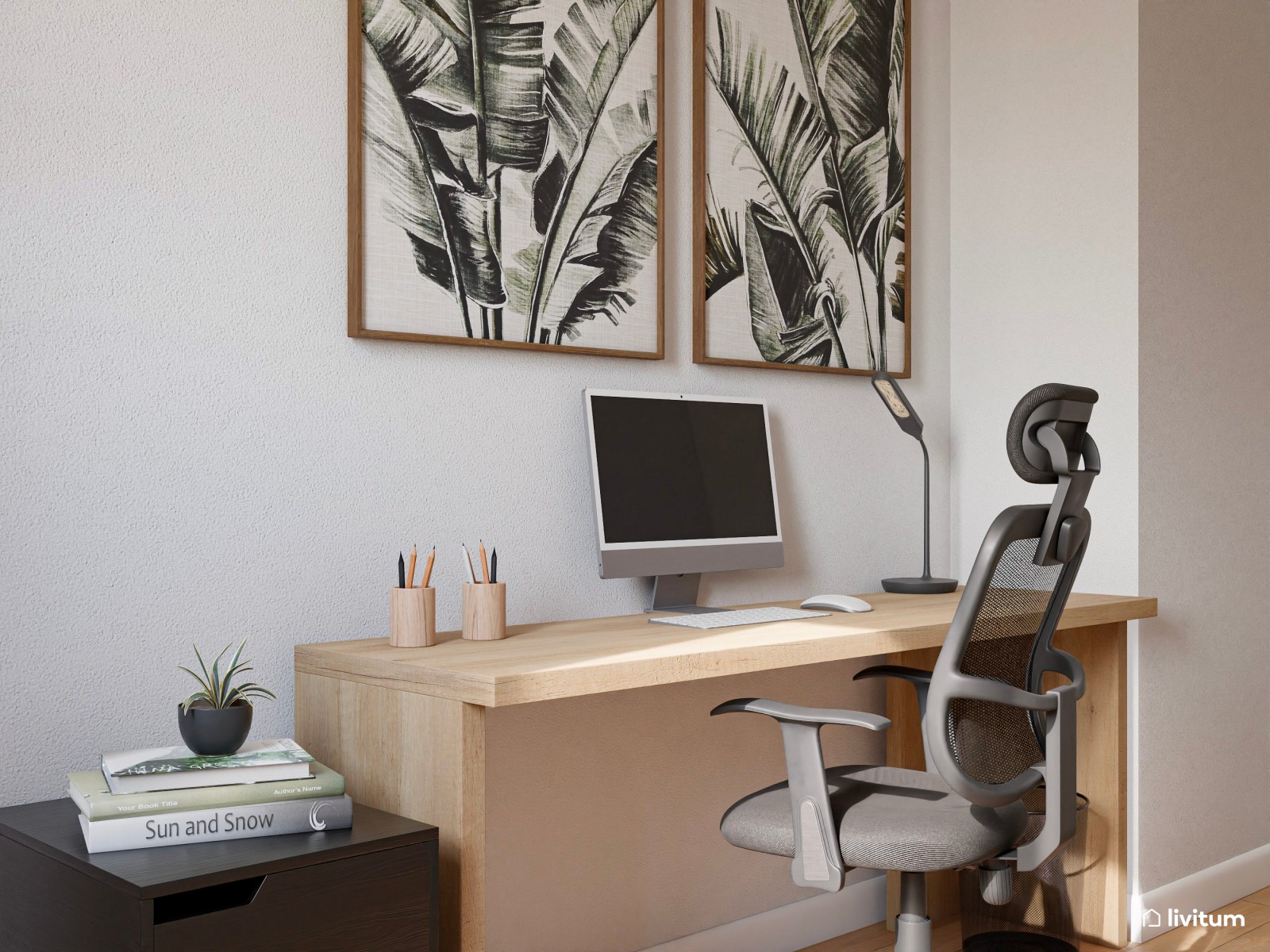 Estudio nórdico con guiños mid-century y rincón de lectura