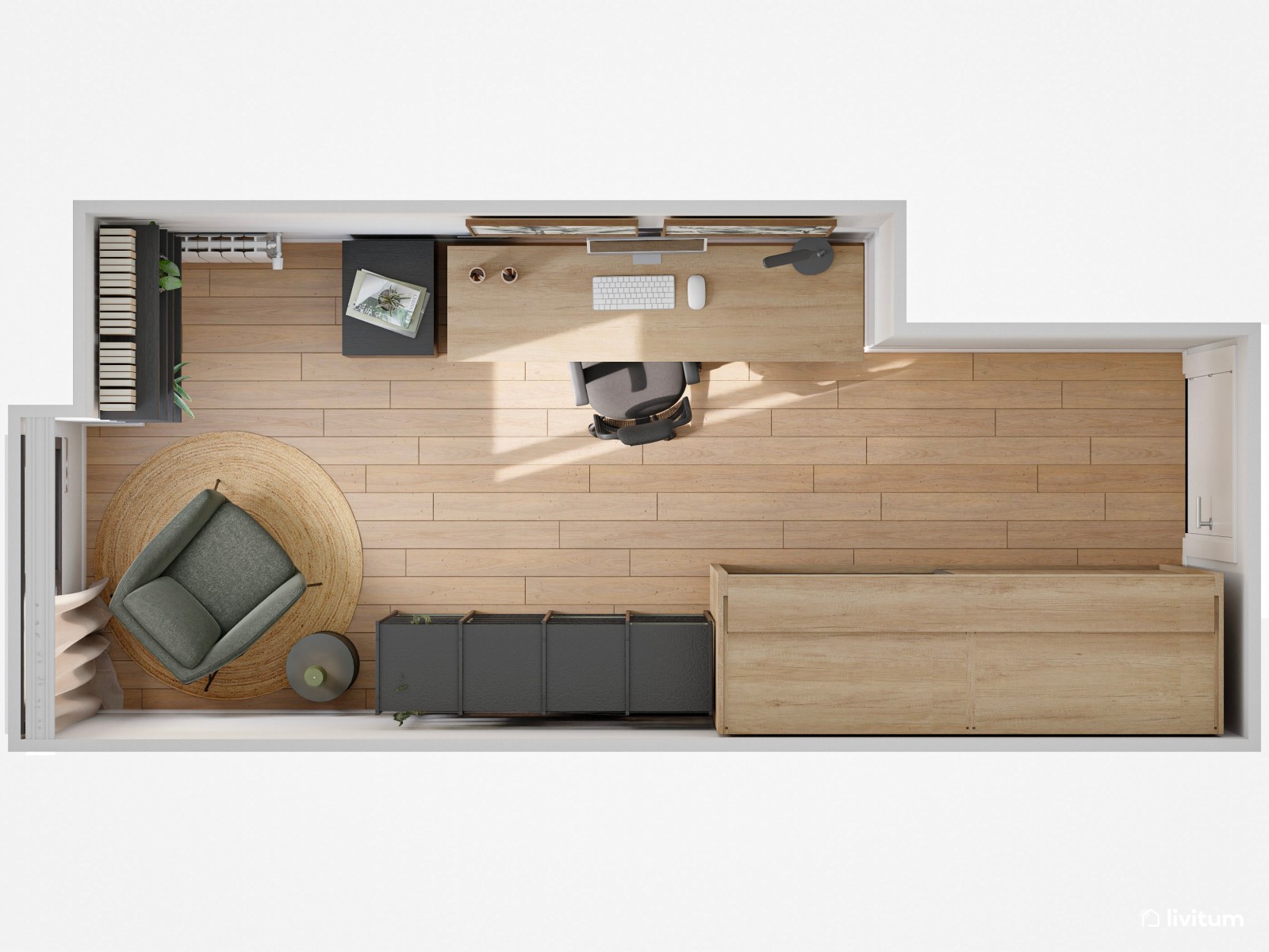 Estudio nórdico con guiños mid-century y rincón de lectura