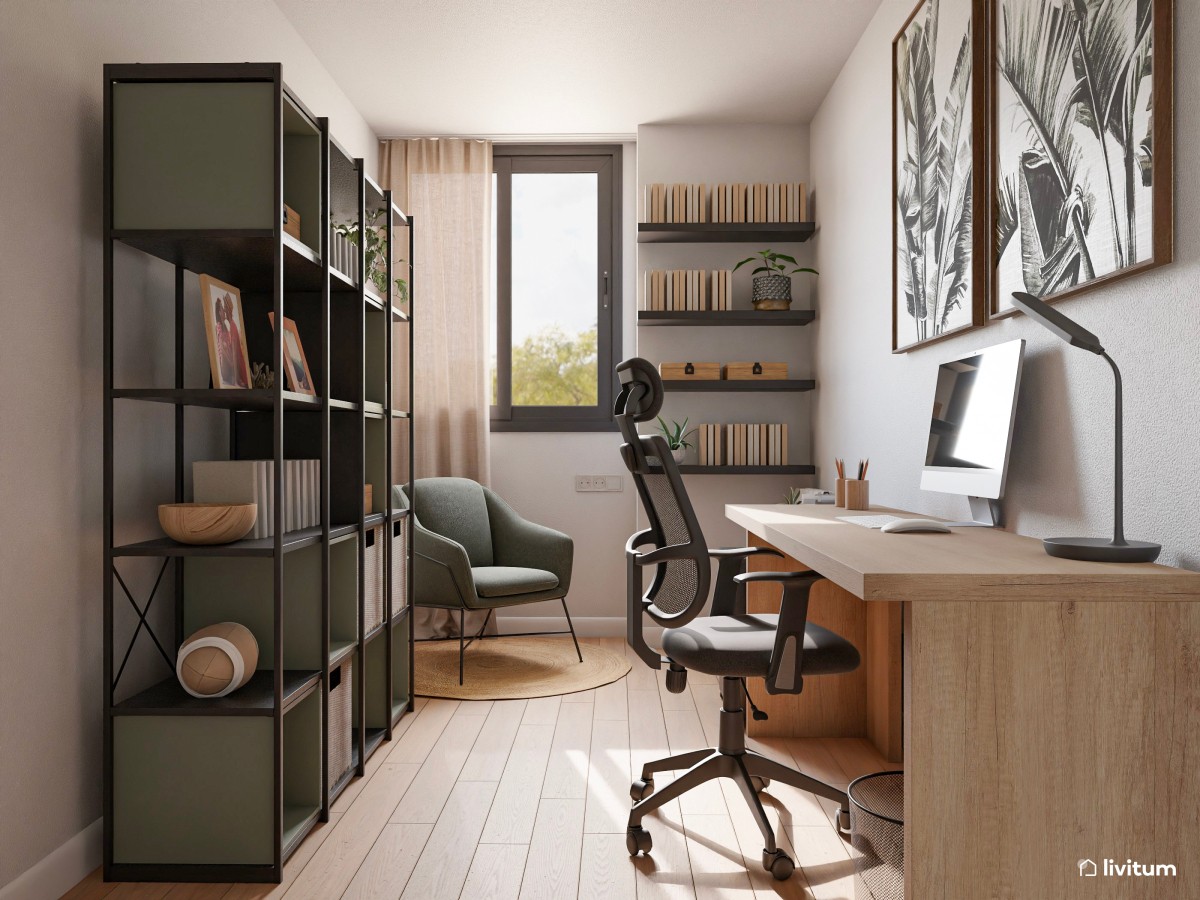 Estudio nórdico con guiños mid-century y rincón de lectura