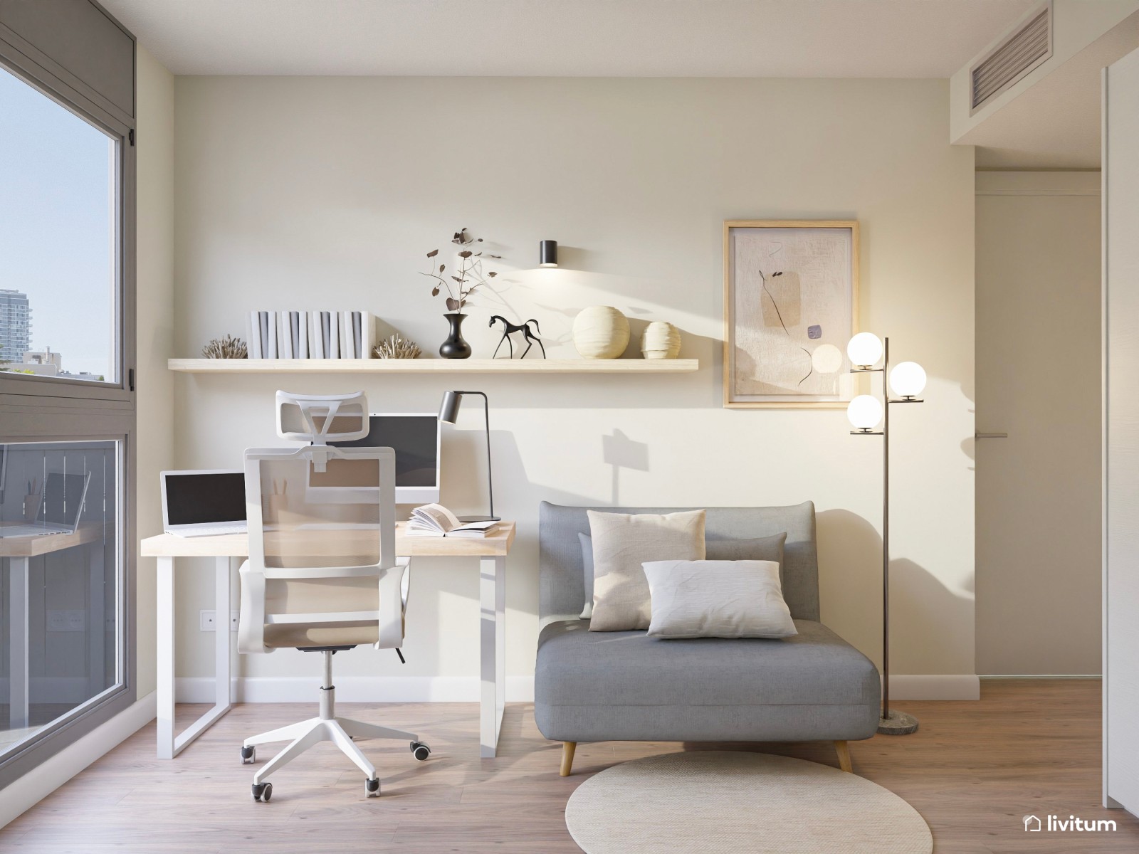 Estudio nórdico en tonos suaves con mucha luz natural y sofá cama