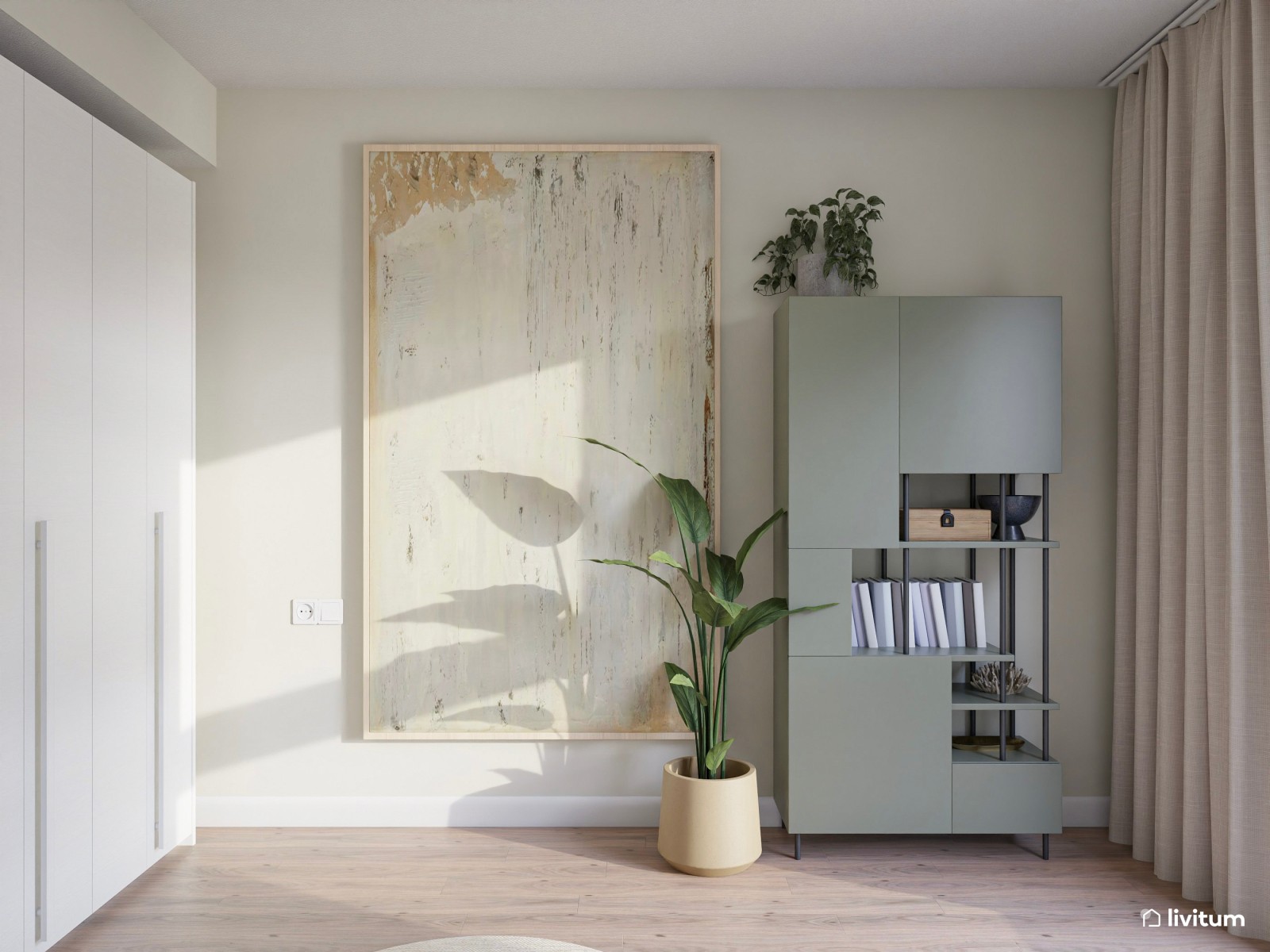 Estudio nórdico en tonos suaves con mucha luz natural y sofá cama