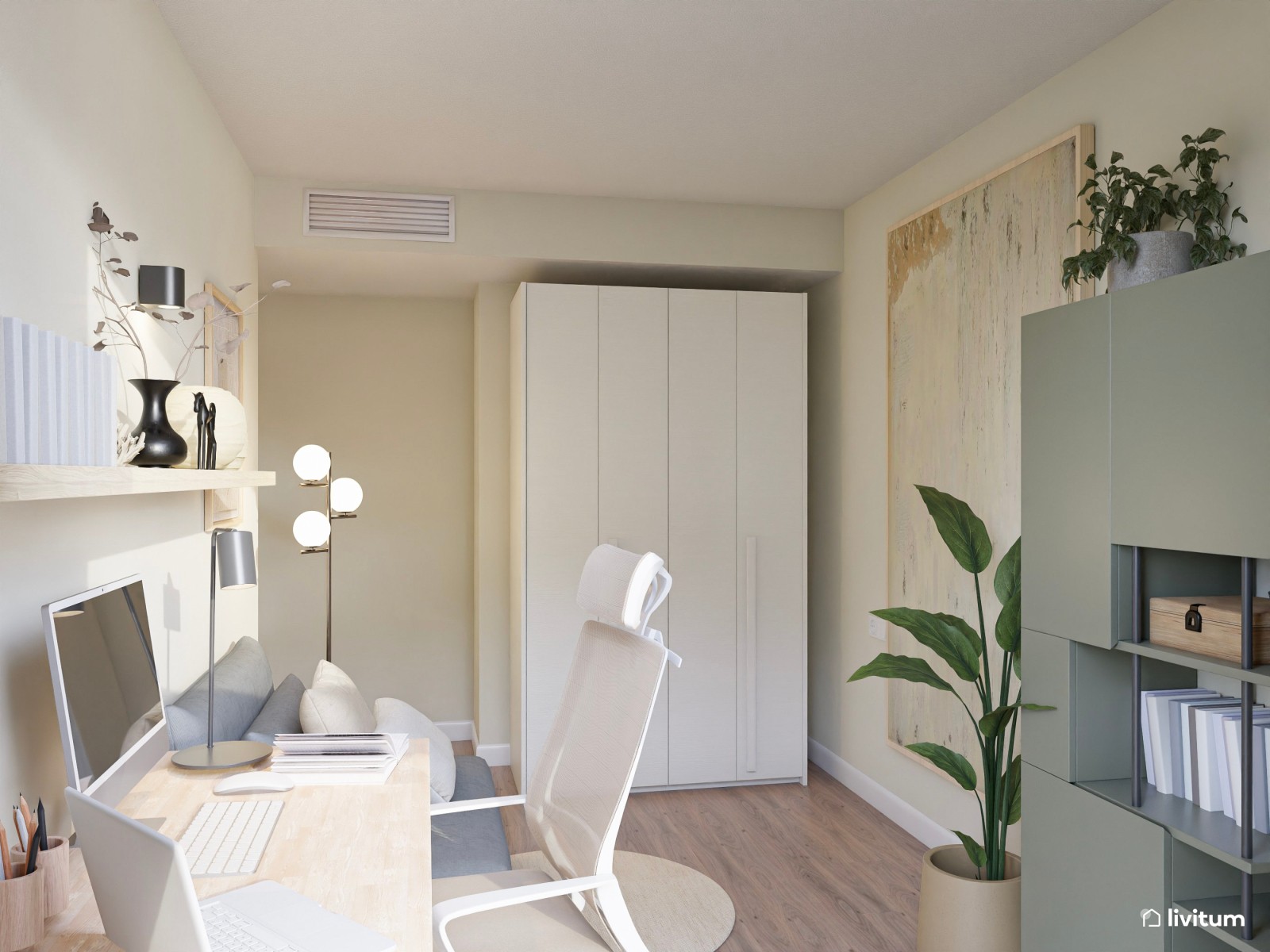 Estudio nórdico en tonos suaves con mucha luz natural y sofá cama