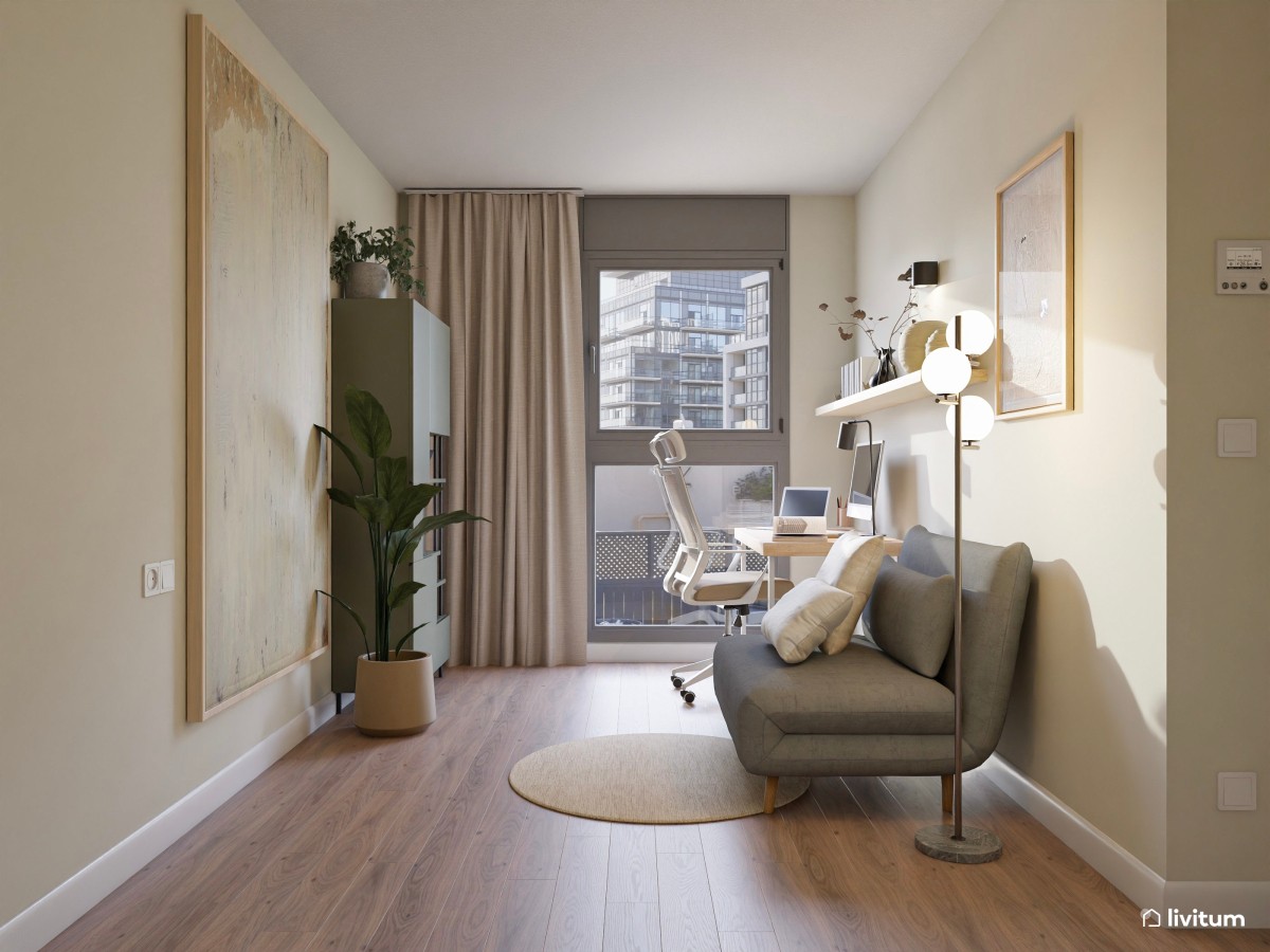 Estudio nórdico en tonos suaves con mucha luz natural y sofá cama